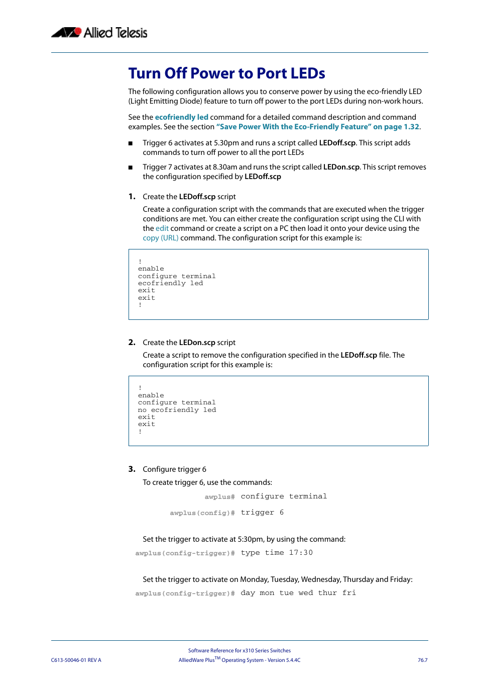 Turn off power to port leds | Allied Telesis AlliedWare Plus Operating System Version 5.4.4C (x310-26FT,x310-26FP,x310-50FT,x310-50FP) User Manual | Page 2013 / 2220