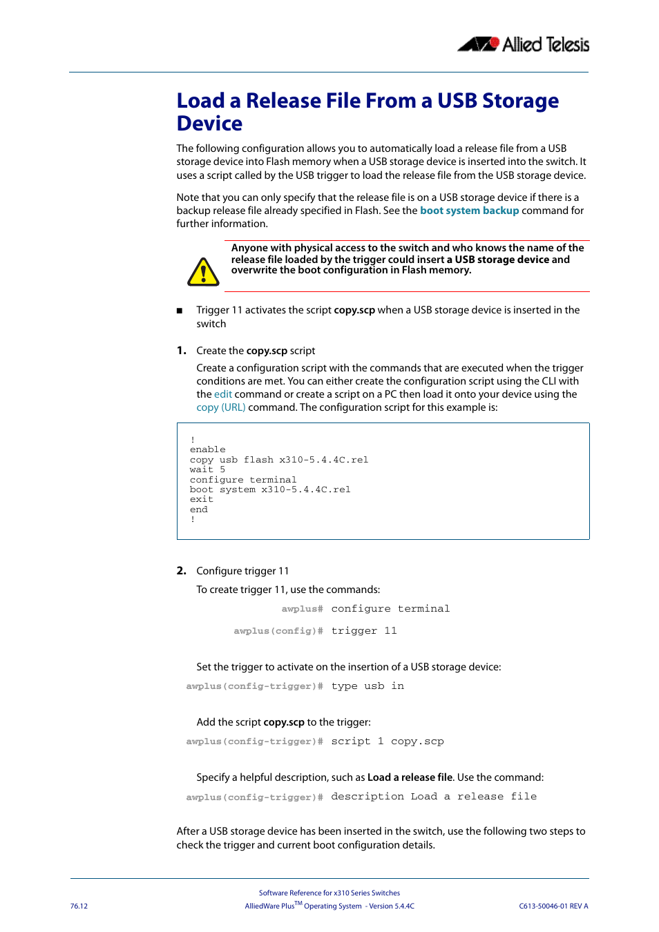 Load a release file from a usb storage device | Allied Telesis AlliedWare Plus Operating System Version 5.4.4C (x310-26FT,x310-26FP,x310-50FT,x310-50FP) User Manual | Page 2018 / 2220