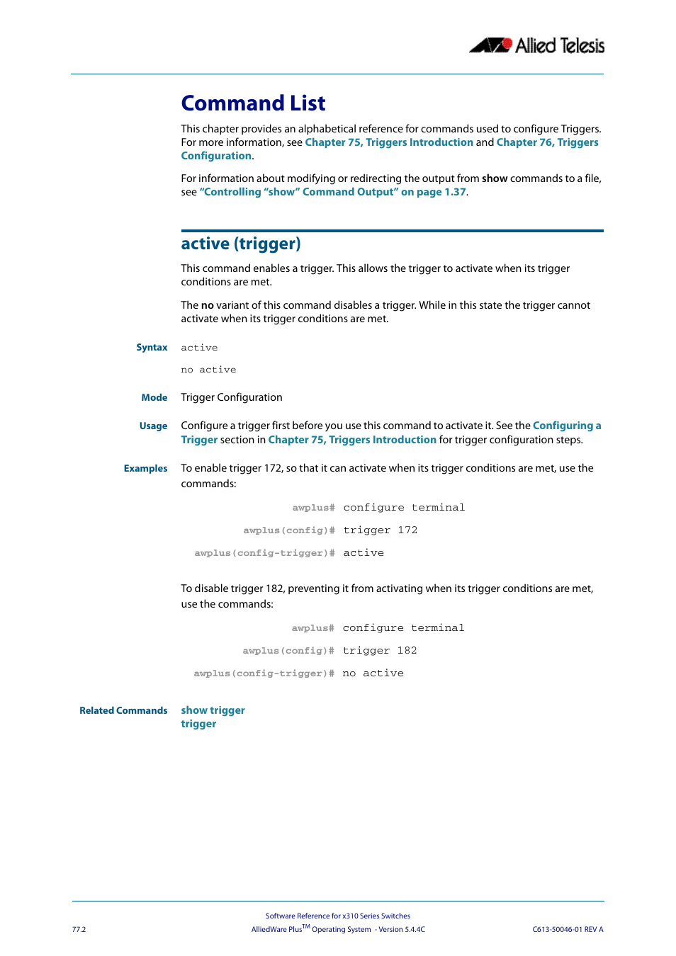 Command list, Active (trigger), No active | Active, Command list active (trigger) | Allied Telesis AlliedWare Plus Operating System Version 5.4.4C (x310-26FT,x310-26FP,x310-50FT,x310-50FP) User Manual | Page 2022 / 2220