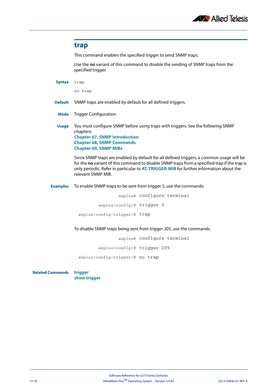 Trap | Allied Telesis AlliedWare Plus Operating System Version 5.4.4C (x310-26FT,x310-26FP,x310-50FT,x310-50FP) User Manual | Page 2038 / 2220