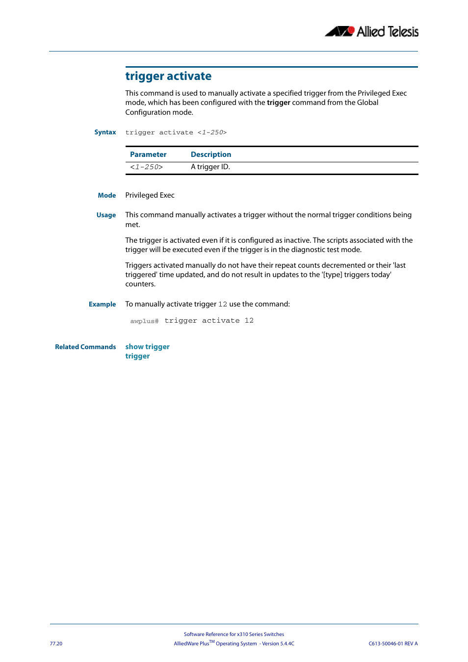 Trigger activate | Allied Telesis AlliedWare Plus Operating System Version 5.4.4C (x310-26FT,x310-26FP,x310-50FT,x310-50FP) User Manual | Page 2040 / 2220