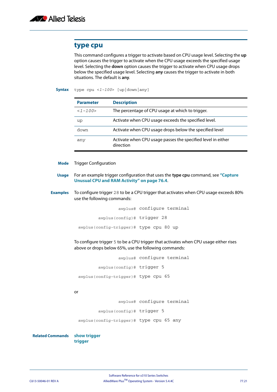 Type cpu, Type cpu < 1-100 > [up|down|any | Allied Telesis AlliedWare Plus Operating System Version 5.4.4C (x310-26FT,x310-26FP,x310-50FT,x310-50FP) User Manual | Page 2041 / 2220