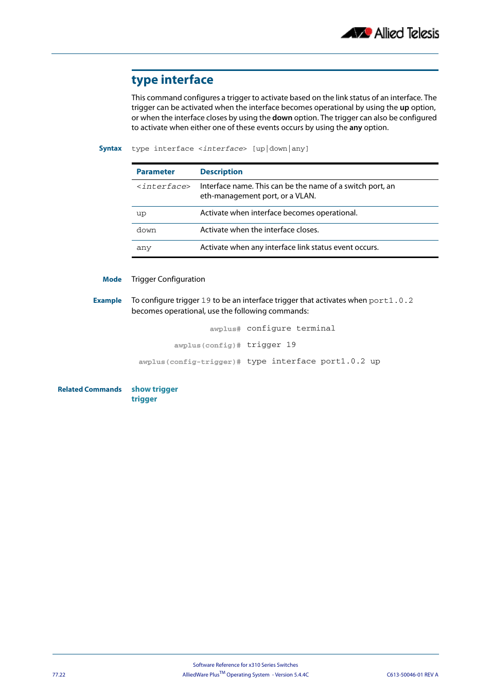 Type interface, Type interface < interface > [up|down|any | Allied Telesis AlliedWare Plus Operating System Version 5.4.4C (x310-26FT,x310-26FP,x310-50FT,x310-50FP) User Manual | Page 2042 / 2220