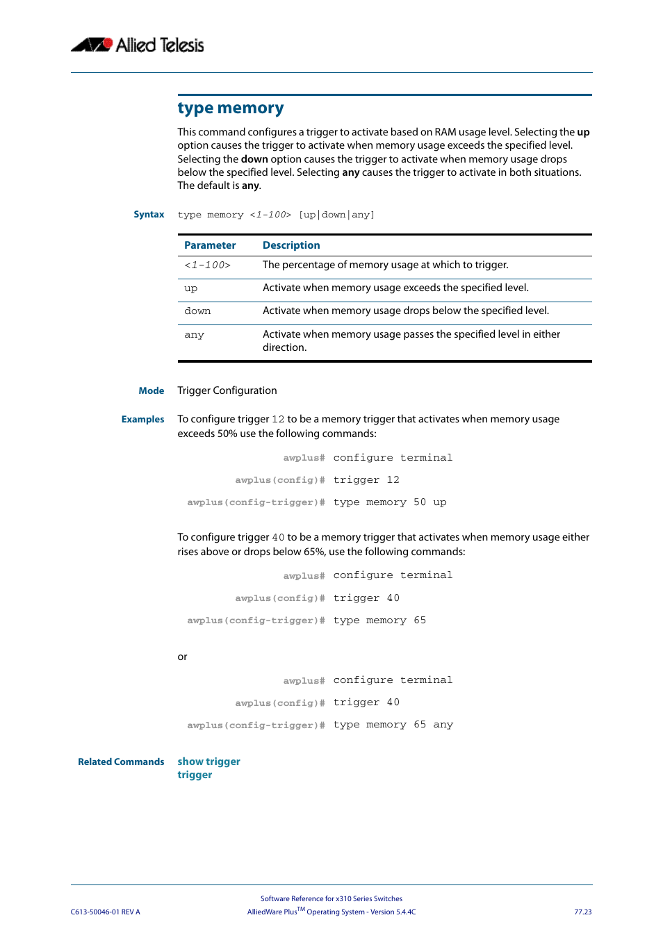 Type memory, Type memory < 1-100 > [up|down|any | Allied Telesis AlliedWare Plus Operating System Version 5.4.4C (x310-26FT,x310-26FP,x310-50FT,x310-50FP) User Manual | Page 2043 / 2220