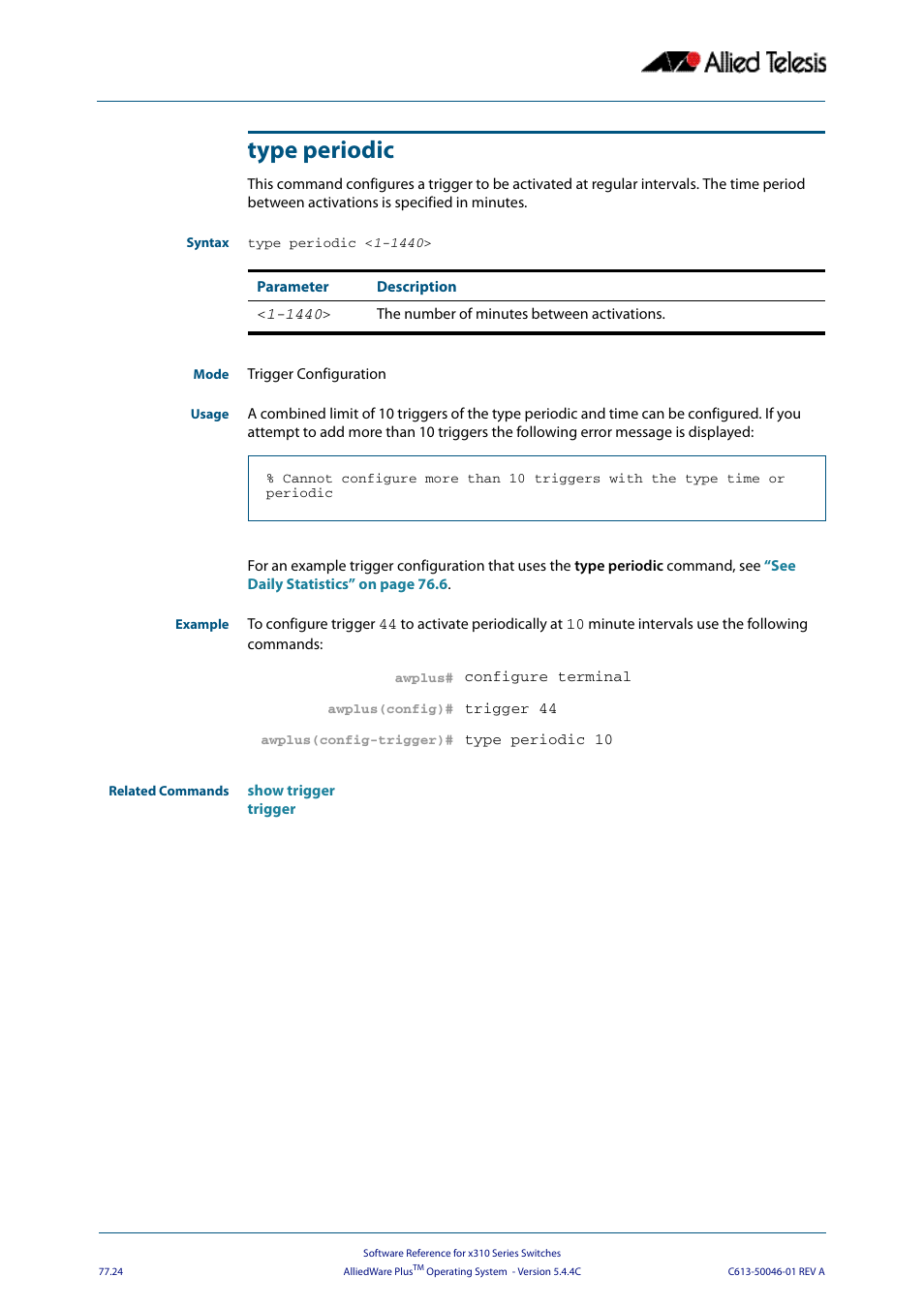 Type periodic, Type periodic < 1-1440 | Allied Telesis AlliedWare Plus Operating System Version 5.4.4C (x310-26FT,x310-26FP,x310-50FT,x310-50FP) User Manual | Page 2044 / 2220