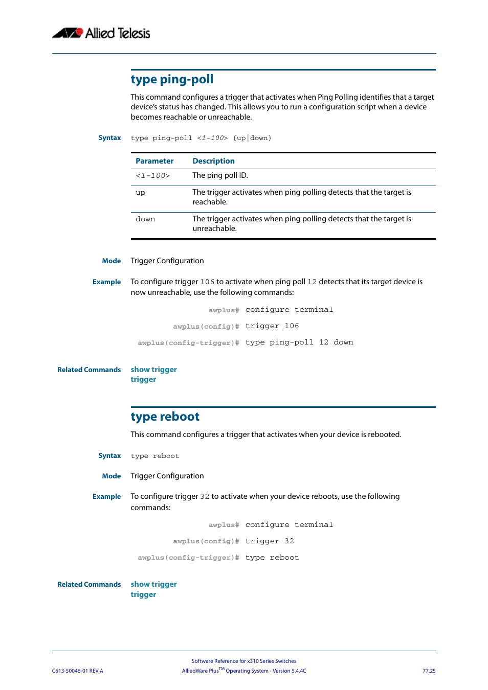 Type ping-poll, Type reboot, Type ping-poll < 1-100 > {up|down | Type ping-poll type reboot | Allied Telesis AlliedWare Plus Operating System Version 5.4.4C (x310-26FT,x310-26FP,x310-50FT,x310-50FP) User Manual | Page 2045 / 2220