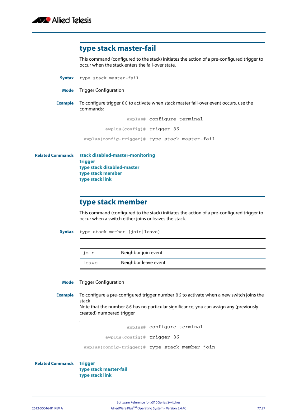 Type stack master-fail, Type stack member, Type stack master-fail type stack member | Allied Telesis AlliedWare Plus Operating System Version 5.4.4C (x310-26FT,x310-26FP,x310-50FT,x310-50FP) User Manual | Page 2047 / 2220