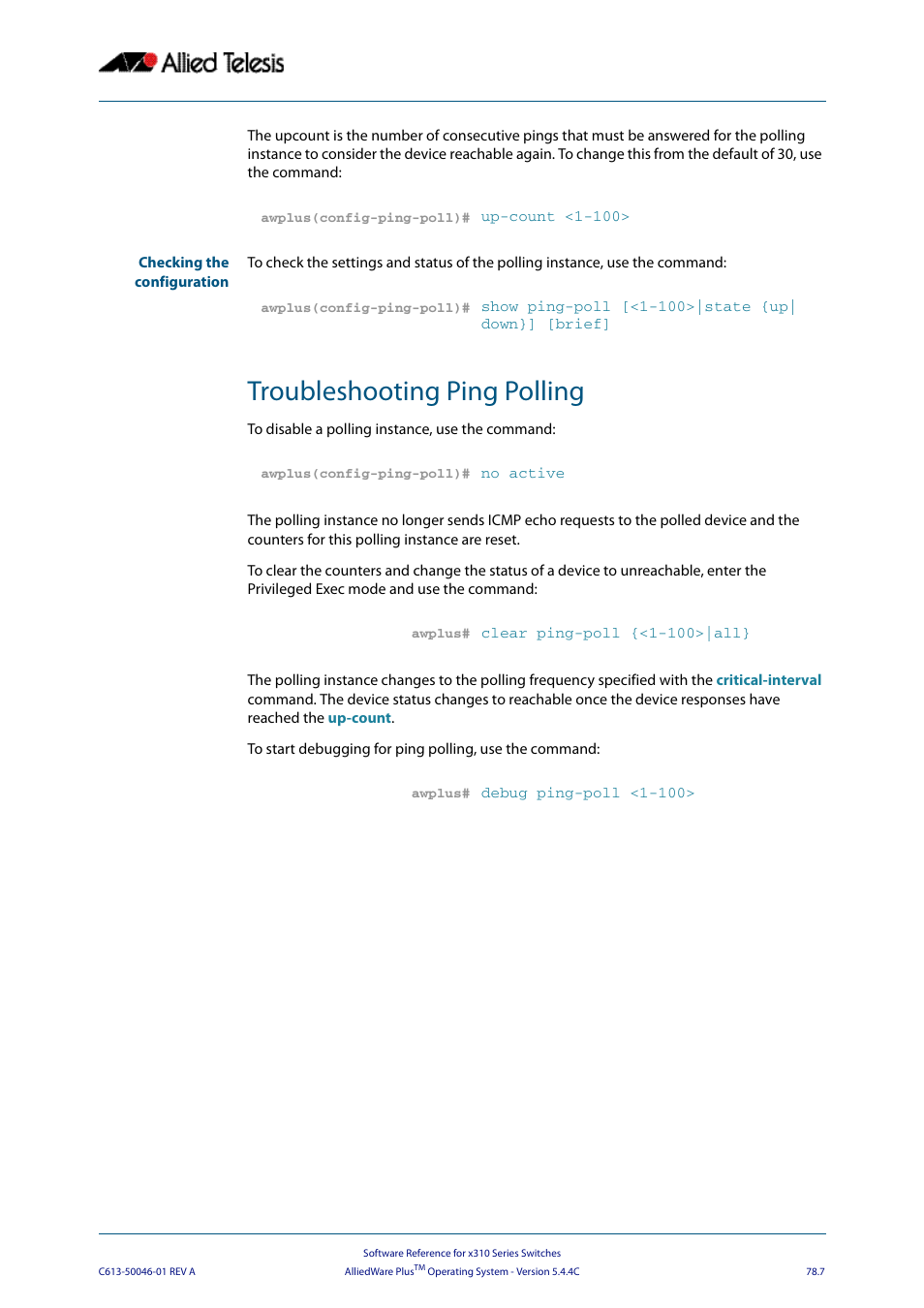 Troubleshooting ping polling | Allied Telesis AlliedWare Plus Operating System Version 5.4.4C (x310-26FT,x310-26FP,x310-50FT,x310-50FP) User Manual | Page 2057 / 2220