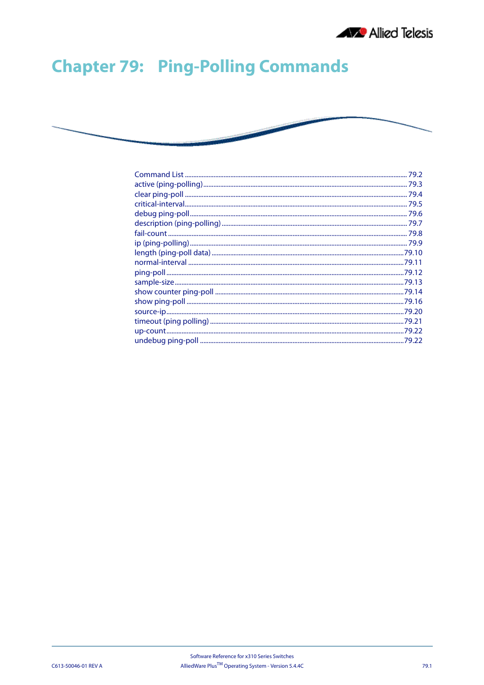 Chapter 79: ping-polling commands, Chapter 79, Ping-polling commands | Chapter 79 ping-polling commands | Allied Telesis AlliedWare Plus Operating System Version 5.4.4C (x310-26FT,x310-26FP,x310-50FT,x310-50FP) User Manual | Page 2059 / 2220