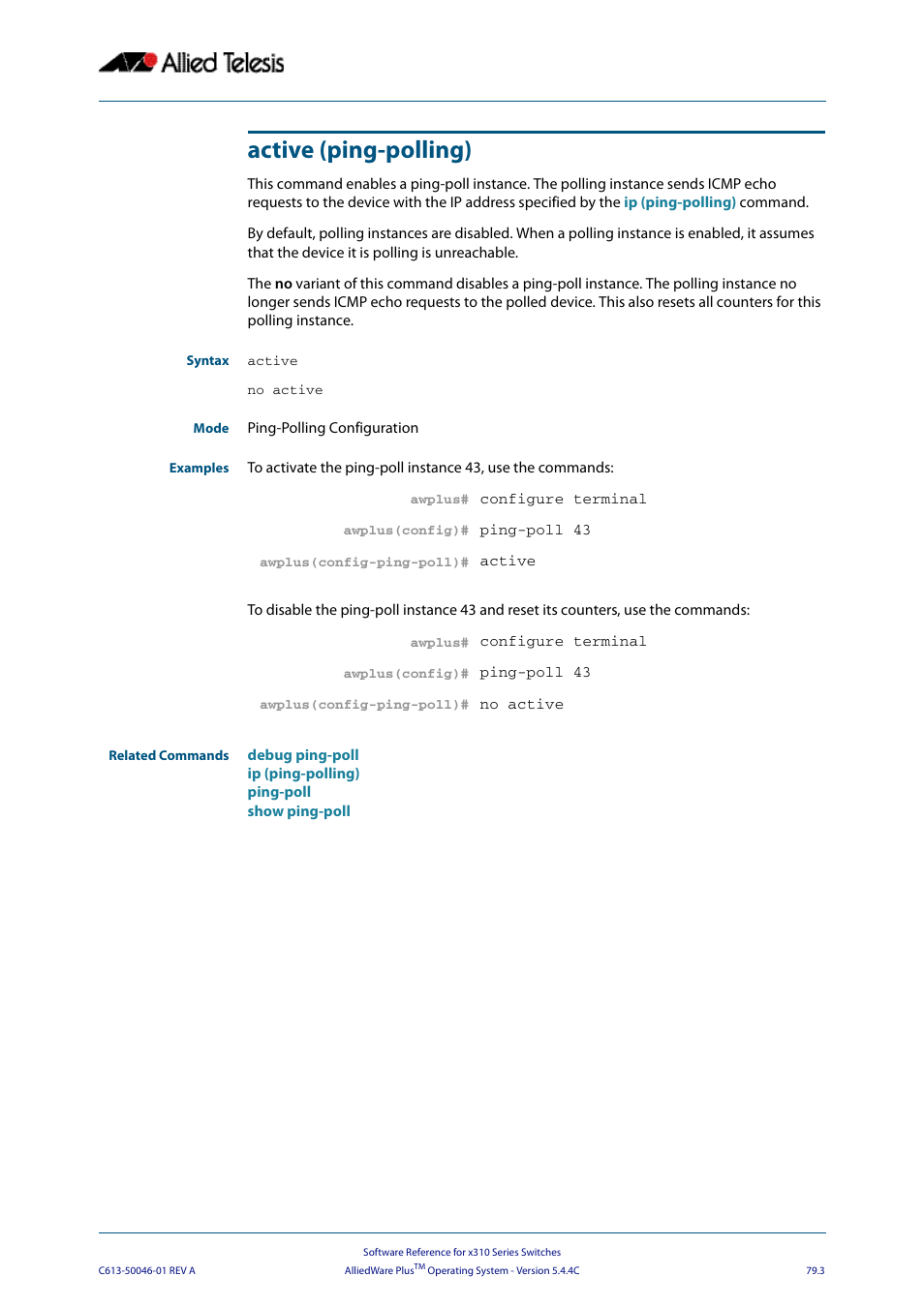 Active (ping-polling), Active, No active | Allied Telesis AlliedWare Plus Operating System Version 5.4.4C (x310-26FT,x310-26FP,x310-50FT,x310-50FP) User Manual | Page 2061 / 2220