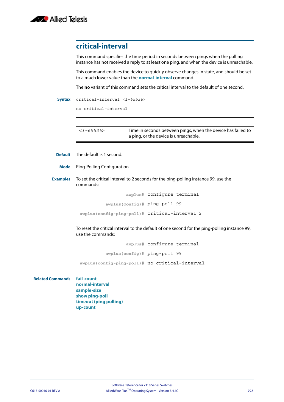Critical-interval, Command, Critical-interval <1-65536 | Allied Telesis AlliedWare Plus Operating System Version 5.4.4C (x310-26FT,x310-26FP,x310-50FT,x310-50FP) User Manual | Page 2063 / 2220