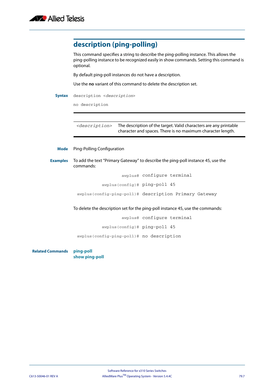 Description (ping-polling), Description <description | Allied Telesis AlliedWare Plus Operating System Version 5.4.4C (x310-26FT,x310-26FP,x310-50FT,x310-50FP) User Manual | Page 2065 / 2220