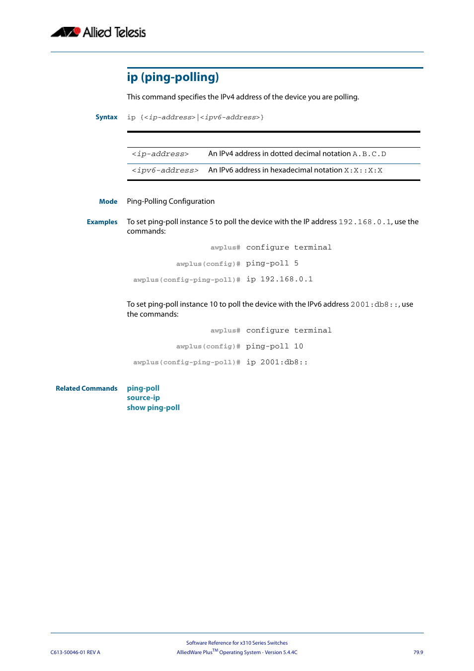Ip (ping-polling), Ip {<ip-address>|<ipv6-address | Allied Telesis AlliedWare Plus Operating System Version 5.4.4C (x310-26FT,x310-26FP,x310-50FT,x310-50FP) User Manual | Page 2067 / 2220