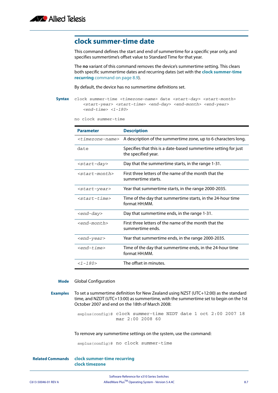 Clock summer-time date, Clock, Summer-time date | Allied Telesis AlliedWare Plus Operating System Version 5.4.4C (x310-26FT,x310-26FP,x310-50FT,x310-50FP) User Manual | Page 207 / 2220