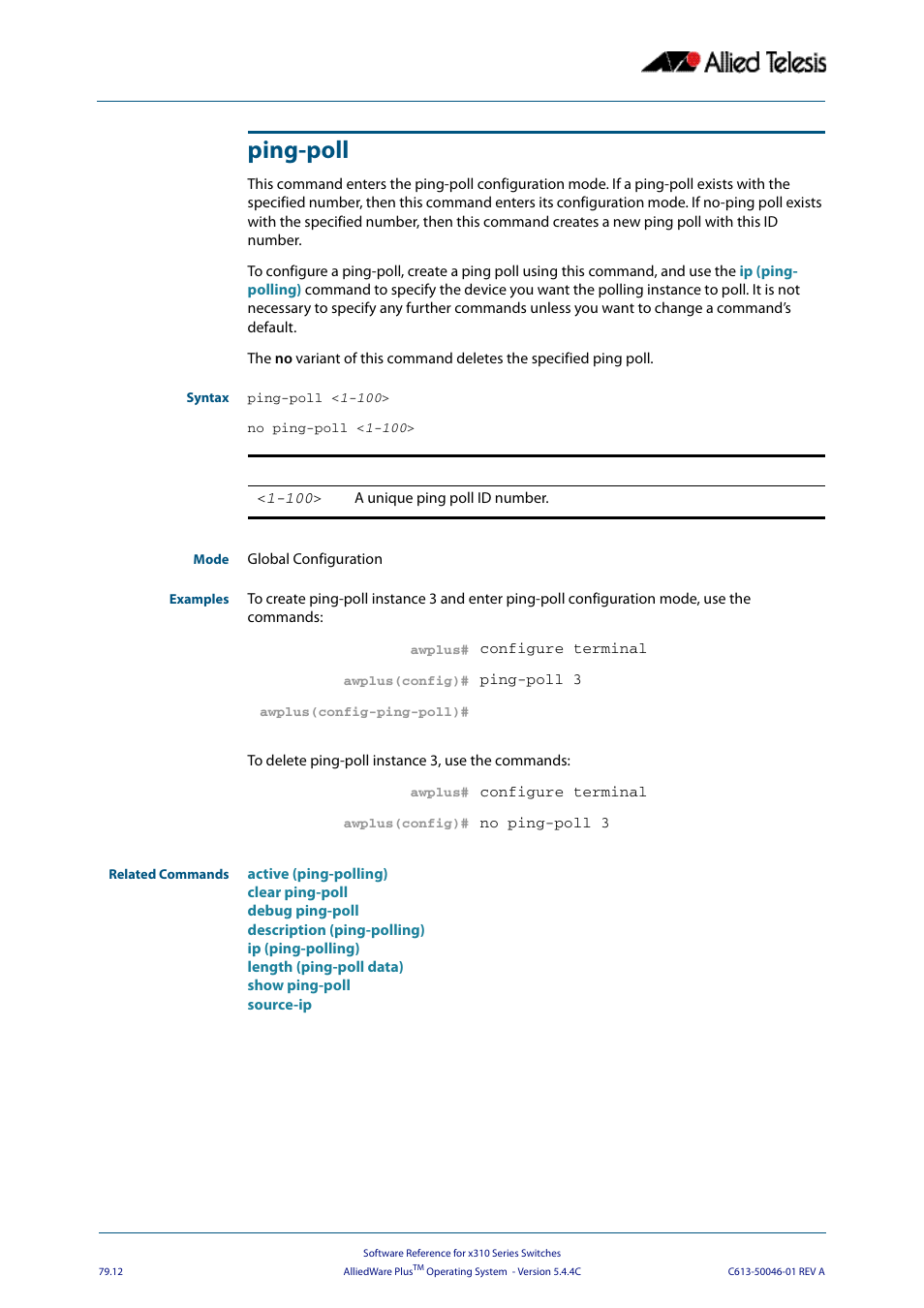 Ping-poll, Ping-poll <1-100 | Allied Telesis AlliedWare Plus Operating System Version 5.4.4C (x310-26FT,x310-26FP,x310-50FT,x310-50FP) User Manual | Page 2070 / 2220