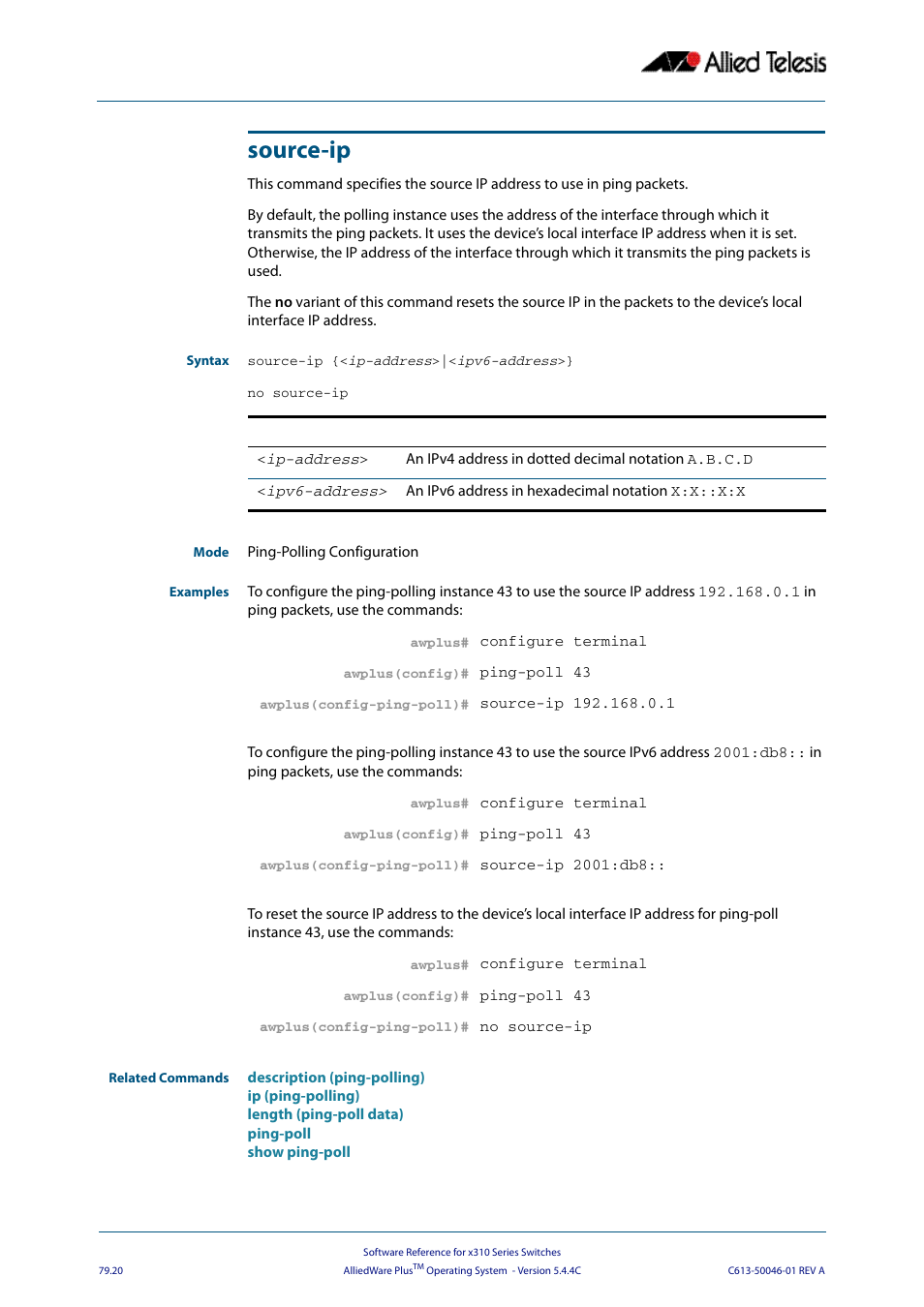 Source-ip | Allied Telesis AlliedWare Plus Operating System Version 5.4.4C (x310-26FT,x310-26FP,x310-50FT,x310-50FP) User Manual | Page 2078 / 2220