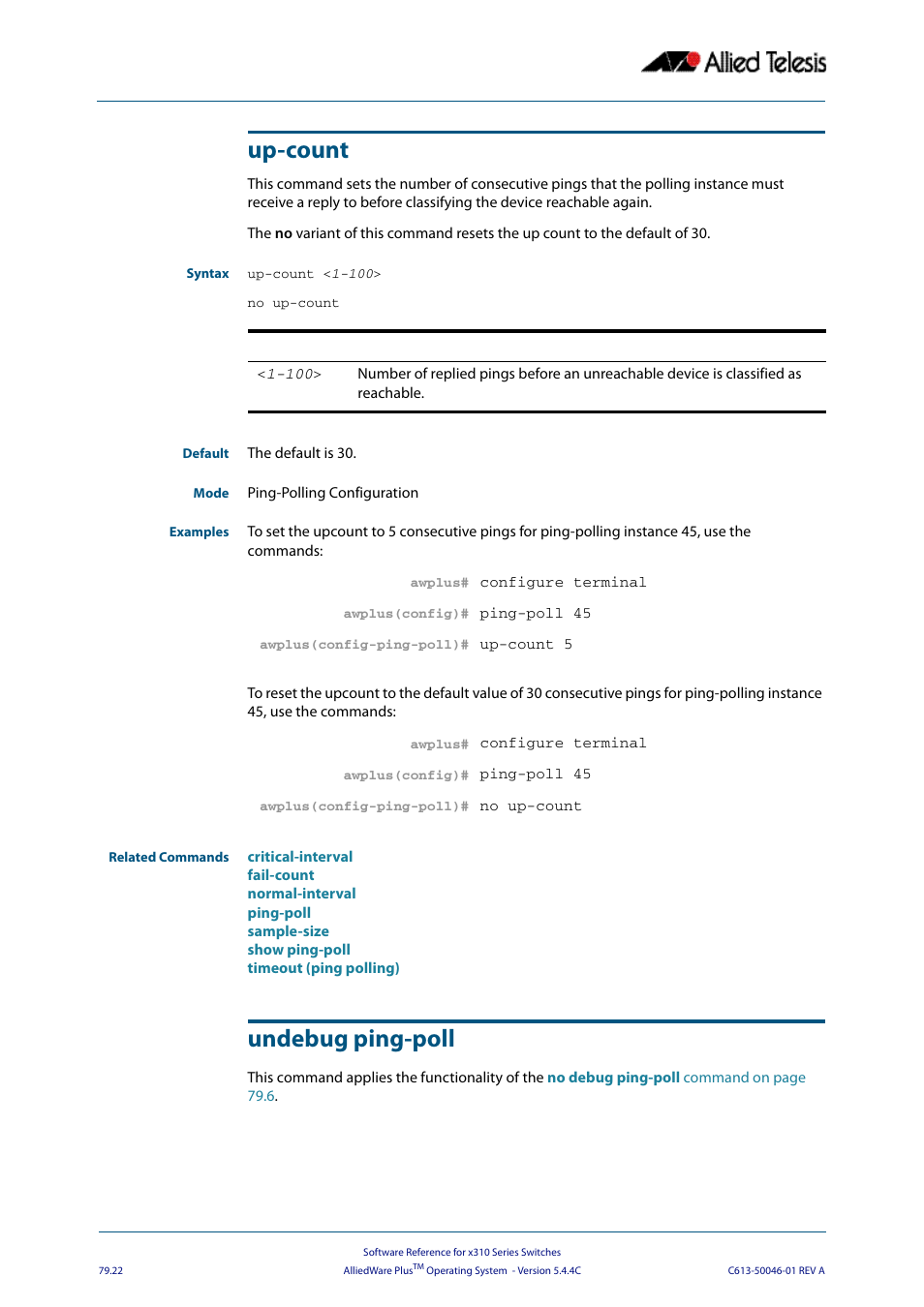 Up-count, Undebug ping-poll, Up-count <1-100 | Up-count undebug ping-poll, Count | Allied Telesis AlliedWare Plus Operating System Version 5.4.4C (x310-26FT,x310-26FP,x310-50FT,x310-50FP) User Manual | Page 2080 / 2220