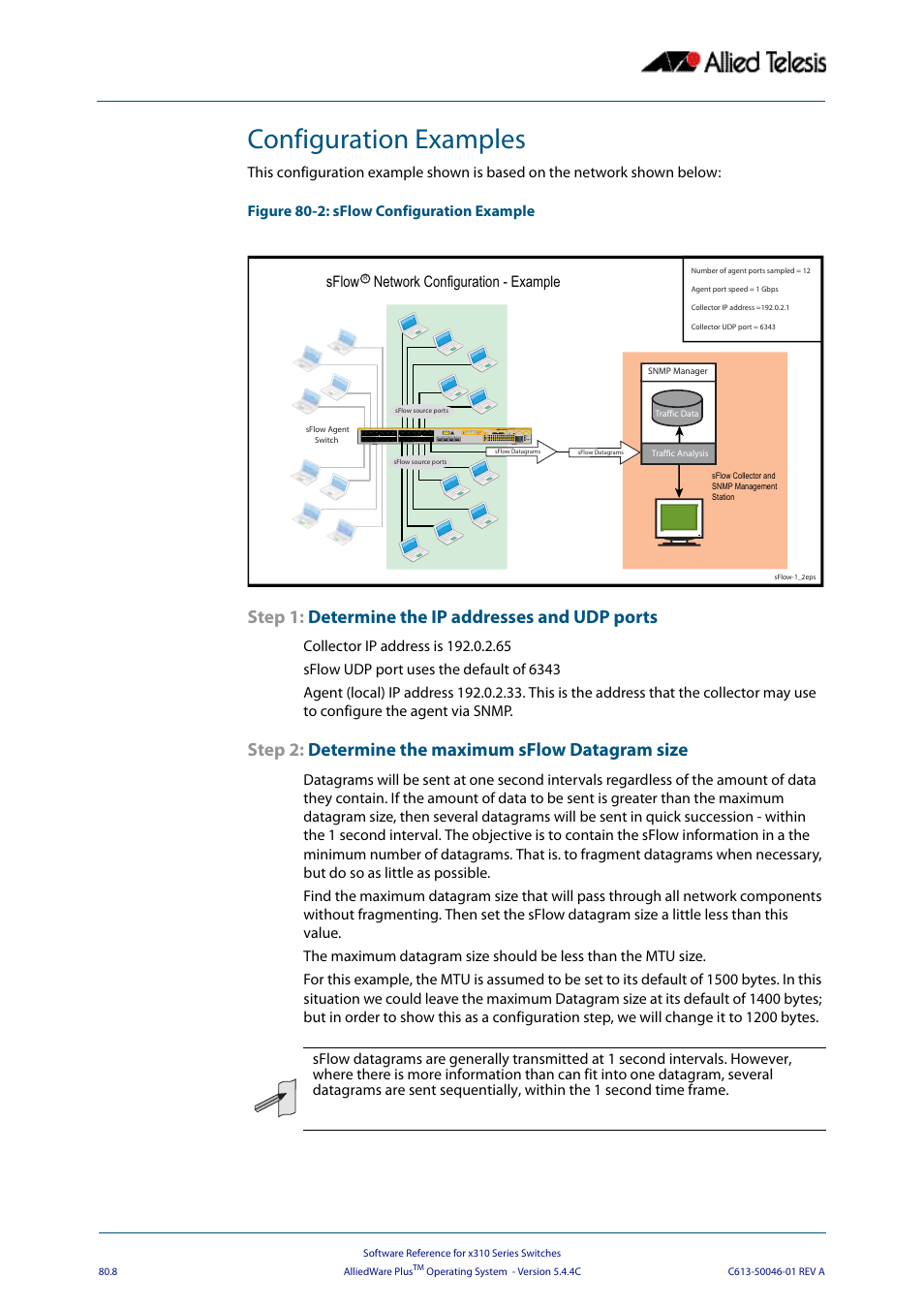 Configuration examples, Step 1: determine the ip addresses and udp ports, Step 2: determine the maximum sflow datagram size | Allied Telesis AlliedWare Plus Operating System Version 5.4.4C (x310-26FT,x310-26FP,x310-50FT,x310-50FP) User Manual | Page 2088 / 2220