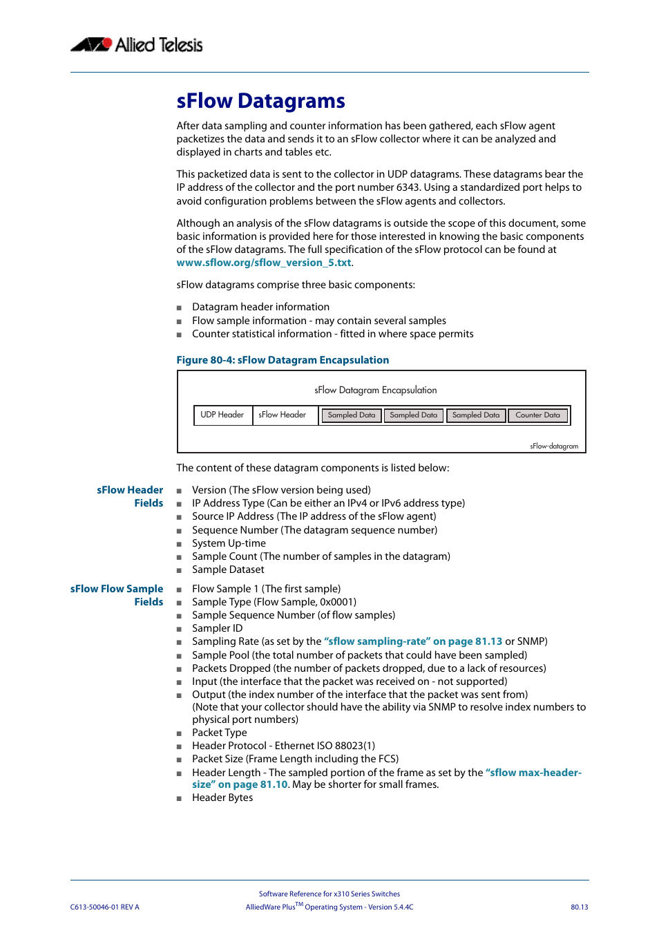 Sflow datagrams, Sflow datagrams” on | Allied Telesis AlliedWare Plus Operating System Version 5.4.4C (x310-26FT,x310-26FP,x310-50FT,x310-50FP) User Manual | Page 2093 / 2220