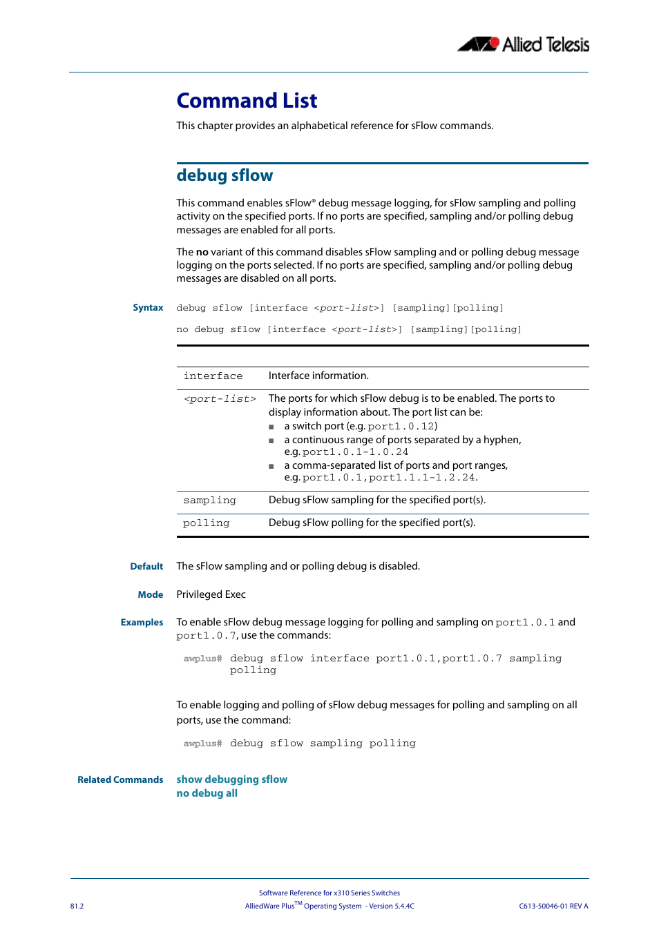 Command list, Debug sflow, Command list debug sflow | Allied Telesis AlliedWare Plus Operating System Version 5.4.4C (x310-26FT,x310-26FP,x310-50FT,x310-50FP) User Manual | Page 2096 / 2220