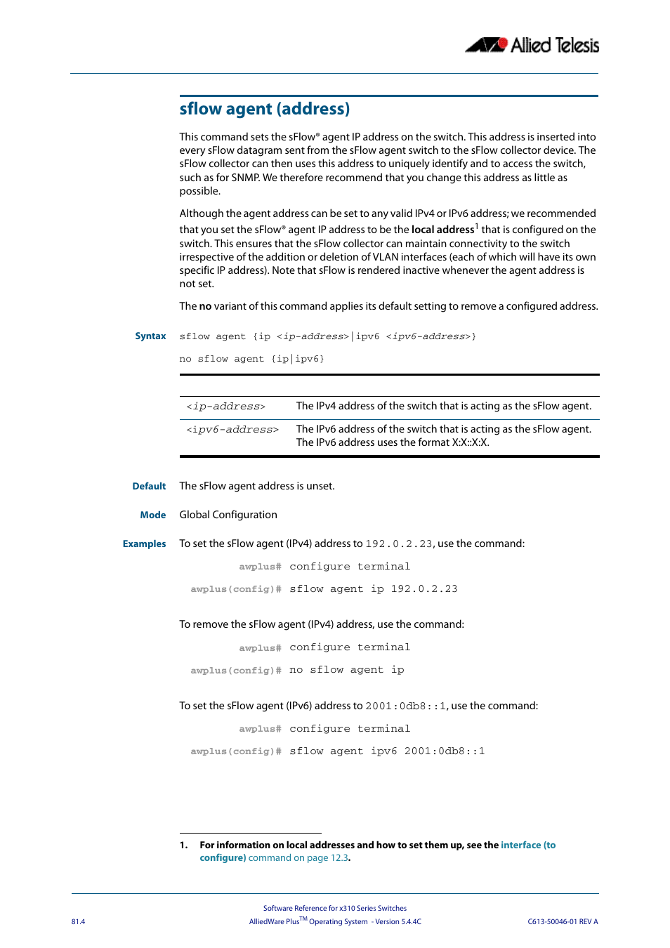 Sflow agent (address) | Allied Telesis AlliedWare Plus Operating System Version 5.4.4C (x310-26FT,x310-26FP,x310-50FT,x310-50FP) User Manual | Page 2098 / 2220