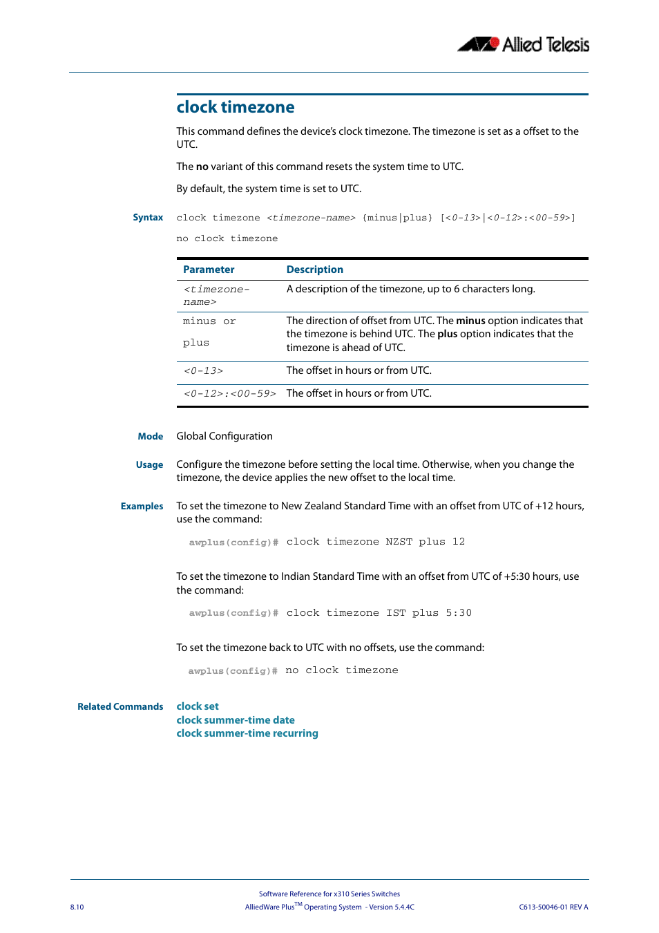 Clock timezone | Allied Telesis AlliedWare Plus Operating System Version 5.4.4C (x310-26FT,x310-26FP,x310-50FT,x310-50FP) User Manual | Page 210 / 2220