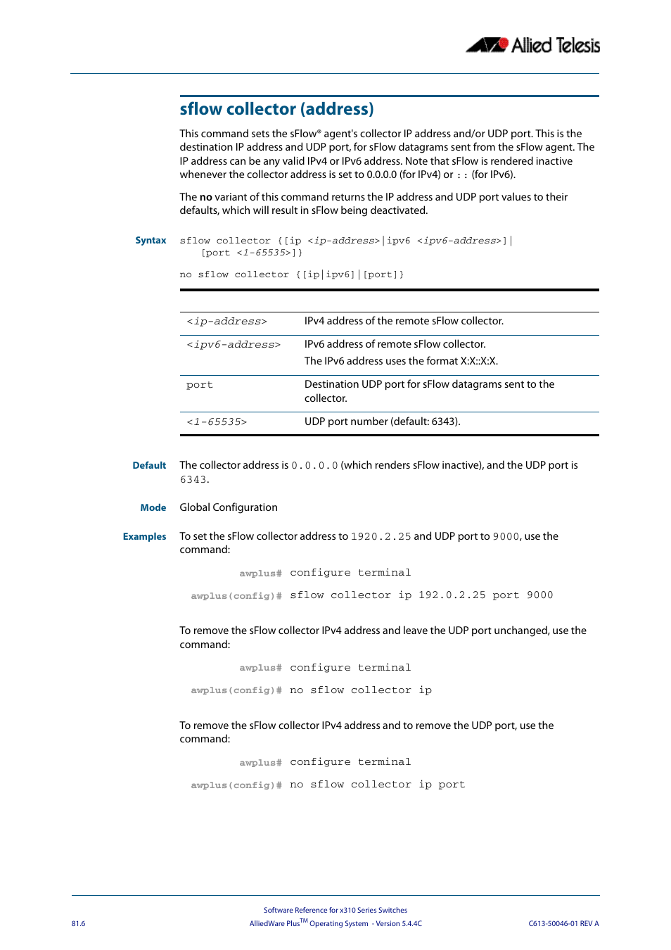 Sflow collector (address) | Allied Telesis AlliedWare Plus Operating System Version 5.4.4C (x310-26FT,x310-26FP,x310-50FT,x310-50FP) User Manual | Page 2100 / 2220