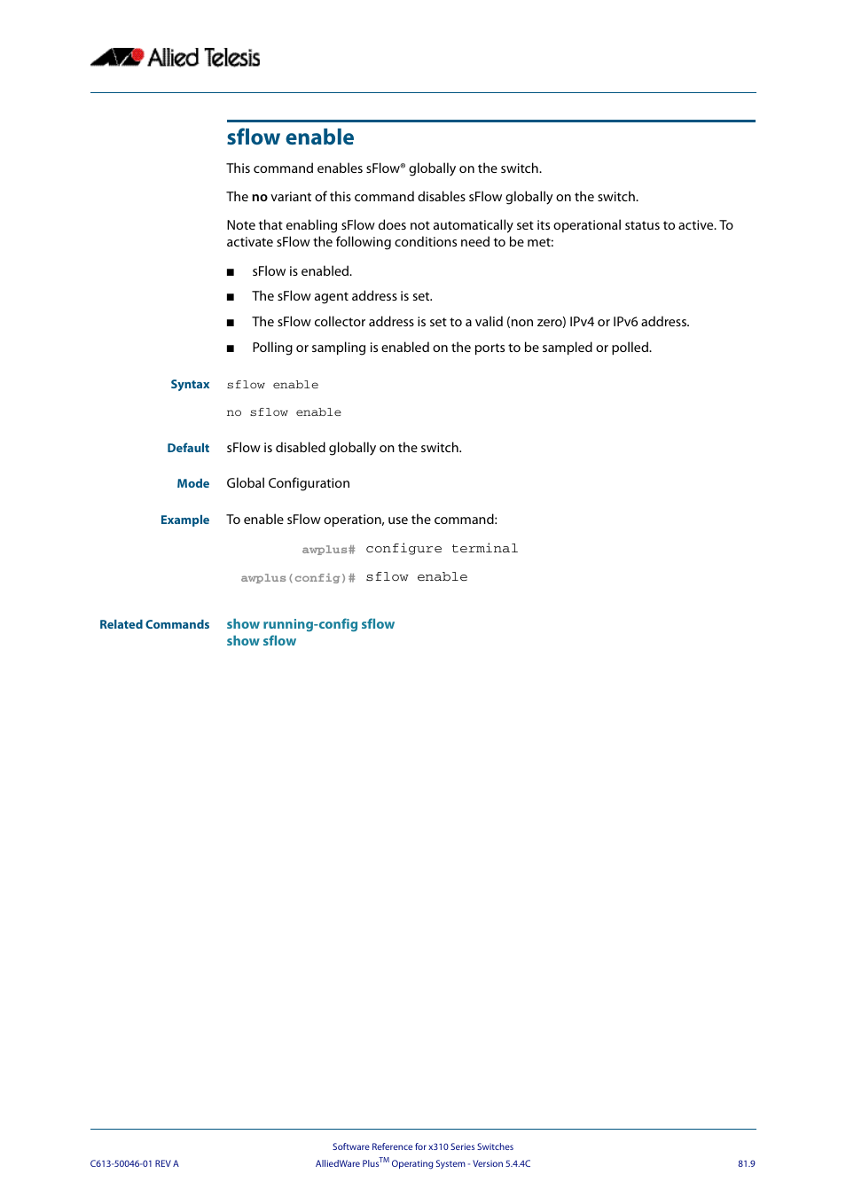 Sflow enable | Allied Telesis AlliedWare Plus Operating System Version 5.4.4C (x310-26FT,x310-26FP,x310-50FT,x310-50FP) User Manual | Page 2103 / 2220