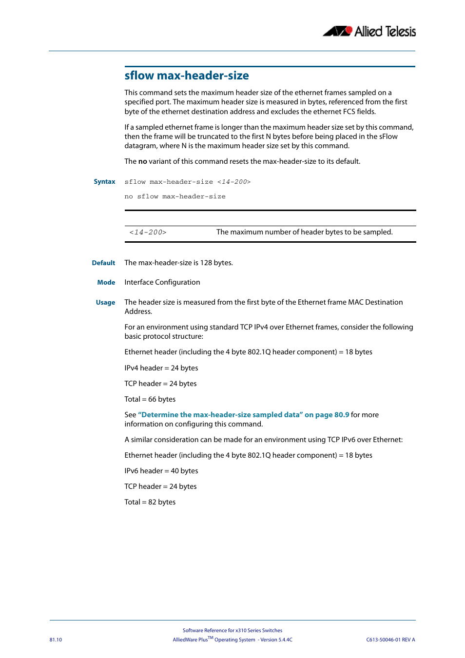 Sflow max-header-size, Or sn, Sflow max-header | Size | Allied Telesis AlliedWare Plus Operating System Version 5.4.4C (x310-26FT,x310-26FP,x310-50FT,x310-50FP) User Manual | Page 2104 / 2220