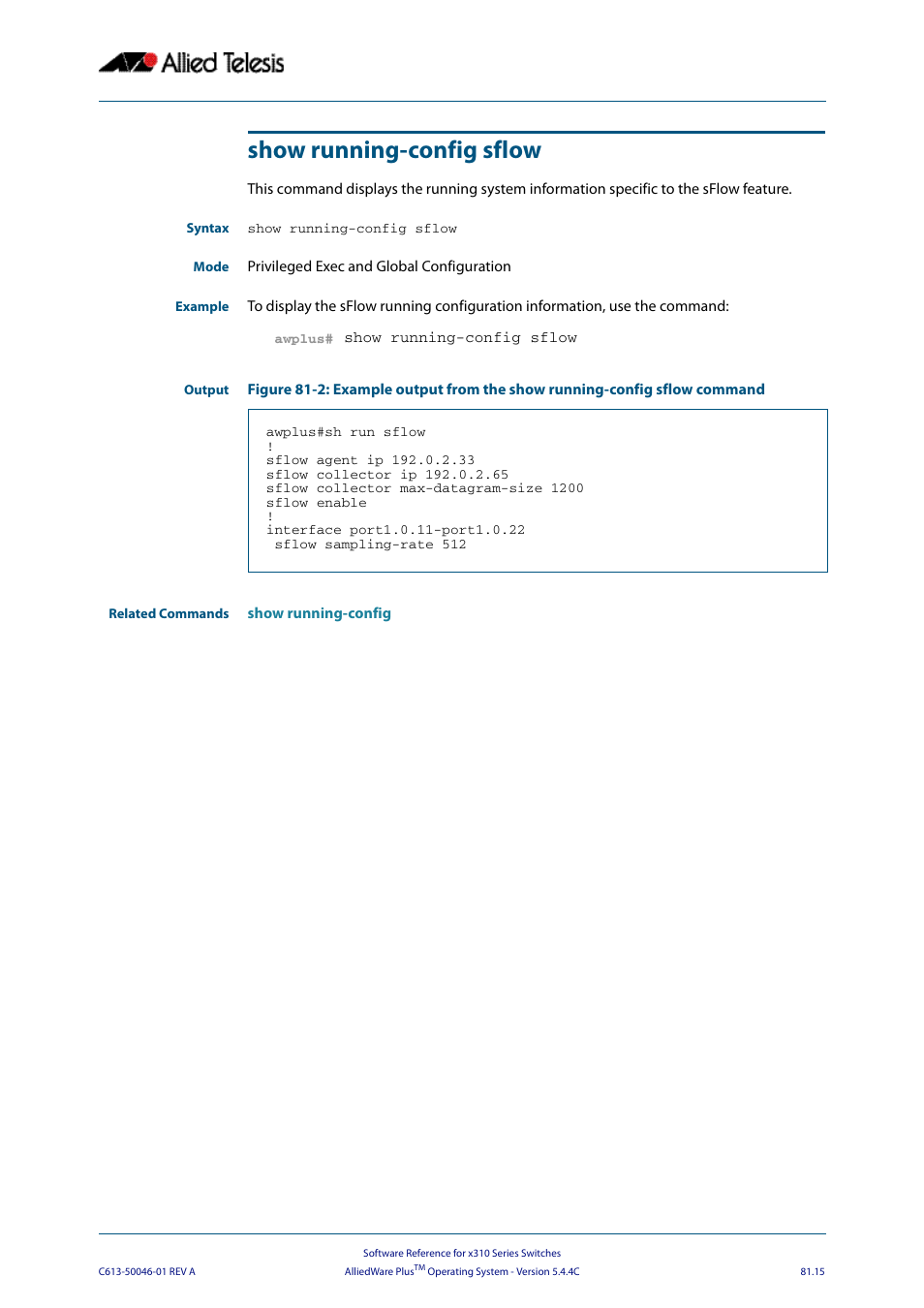 Show running-config sflow | Allied Telesis AlliedWare Plus Operating System Version 5.4.4C (x310-26FT,x310-26FP,x310-50FT,x310-50FP) User Manual | Page 2109 / 2220