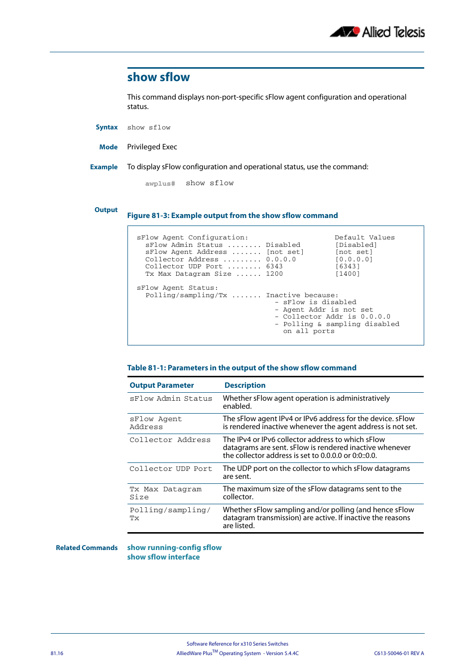 Show sflow | Allied Telesis AlliedWare Plus Operating System Version 5.4.4C (x310-26FT,x310-26FP,x310-50FT,x310-50FP) User Manual | Page 2110 / 2220