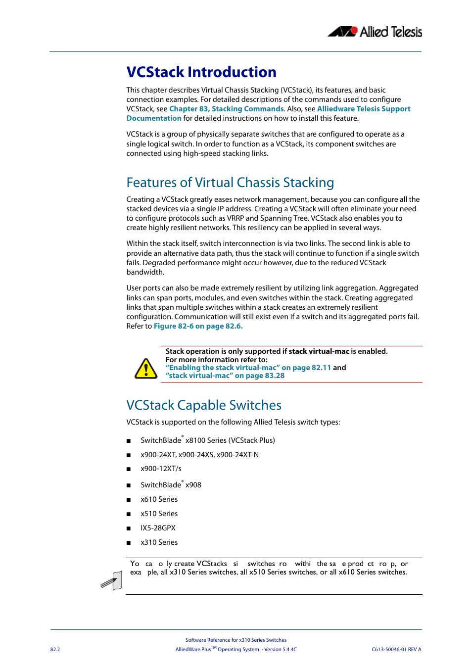 Vcstack introduction, Features of virtual chassis stacking, Vcstack capable switches | Chapt | Allied Telesis AlliedWare Plus Operating System Version 5.4.4C (x310-26FT,x310-26FP,x310-50FT,x310-50FP) User Manual | Page 2116 / 2220