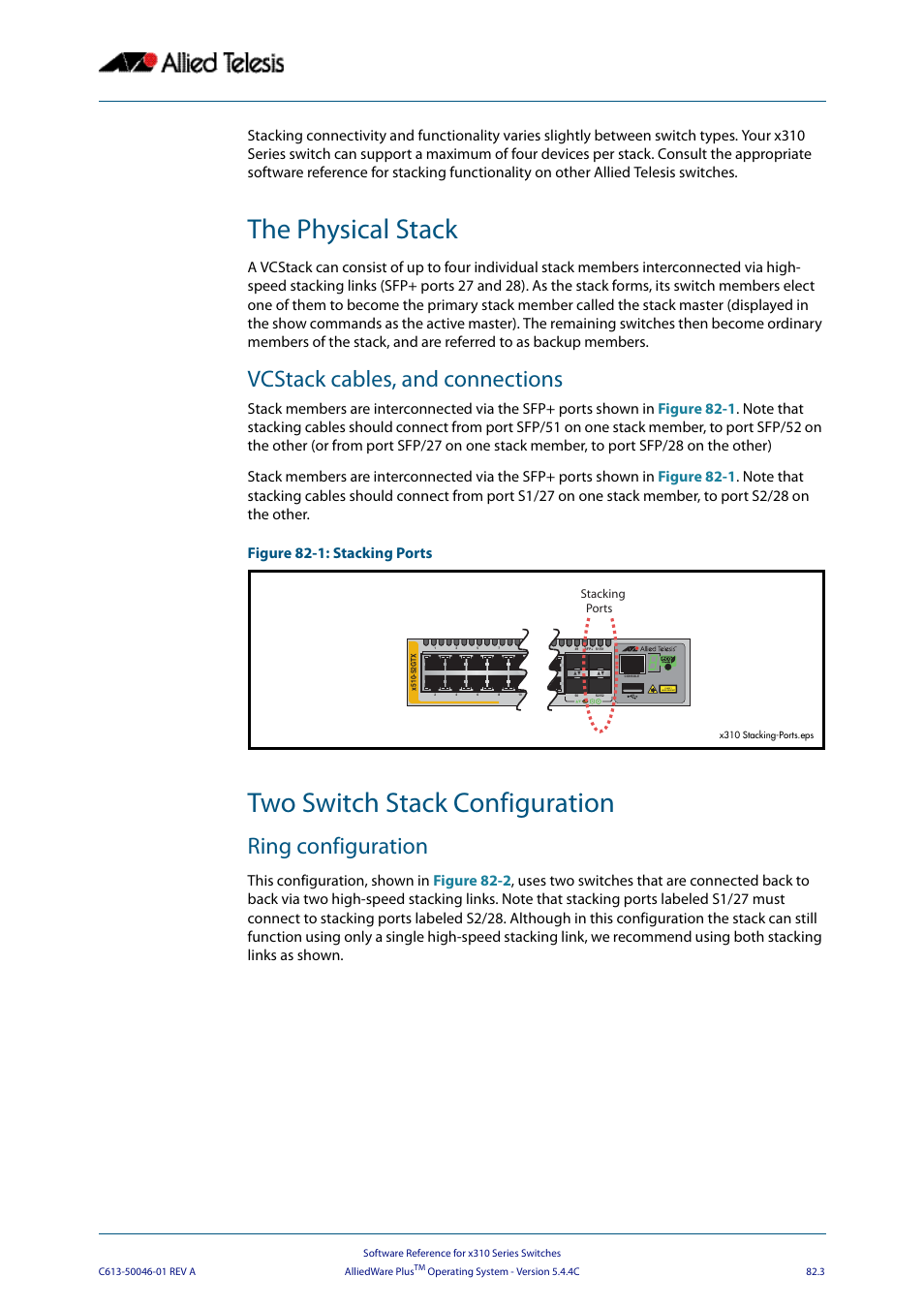 The physical stack, Vcstack cables, and connections, Two switch stack configuration | Ring configuration, The physical stack two switch stack configuration | Allied Telesis AlliedWare Plus Operating System Version 5.4.4C (x310-26FT,x310-26FP,x310-50FT,x310-50FP) User Manual | Page 2117 / 2220