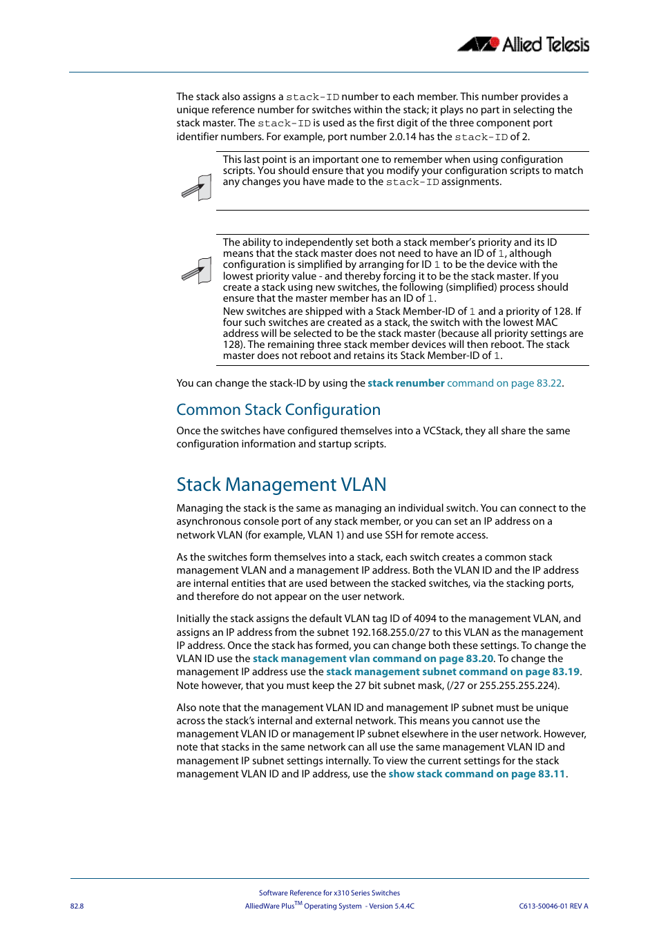 Common stack configuration, Stack management vlan | Allied Telesis AlliedWare Plus Operating System Version 5.4.4C (x310-26FT,x310-26FP,x310-50FT,x310-50FP) User Manual | Page 2122 / 2220