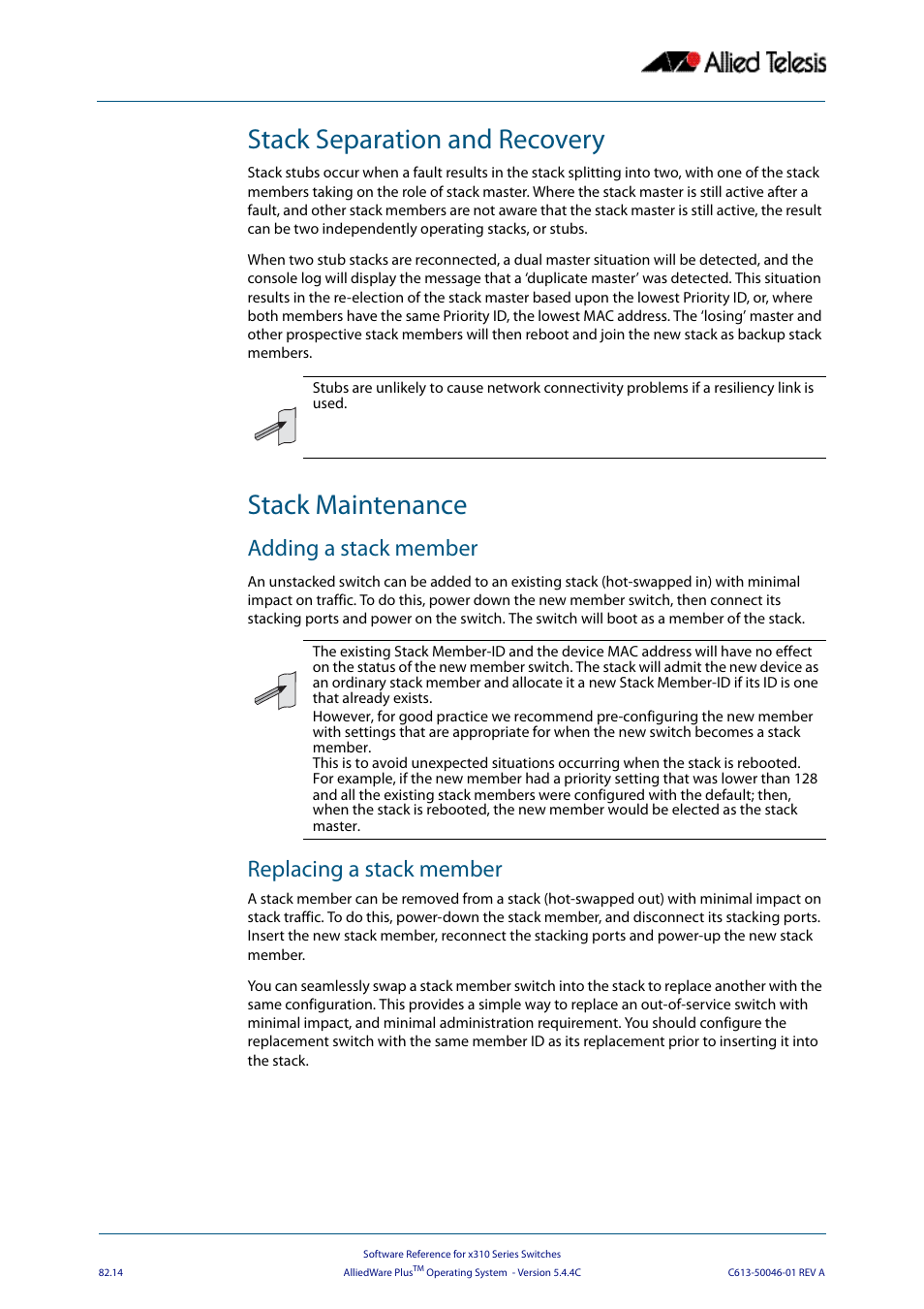 Stack separation and recovery, Stack maintenance, Adding a stack member | Replacing a stack member, Stack separation and recovery stack maintenance | Allied Telesis AlliedWare Plus Operating System Version 5.4.4C (x310-26FT,x310-26FP,x310-50FT,x310-50FP) User Manual | Page 2128 / 2220