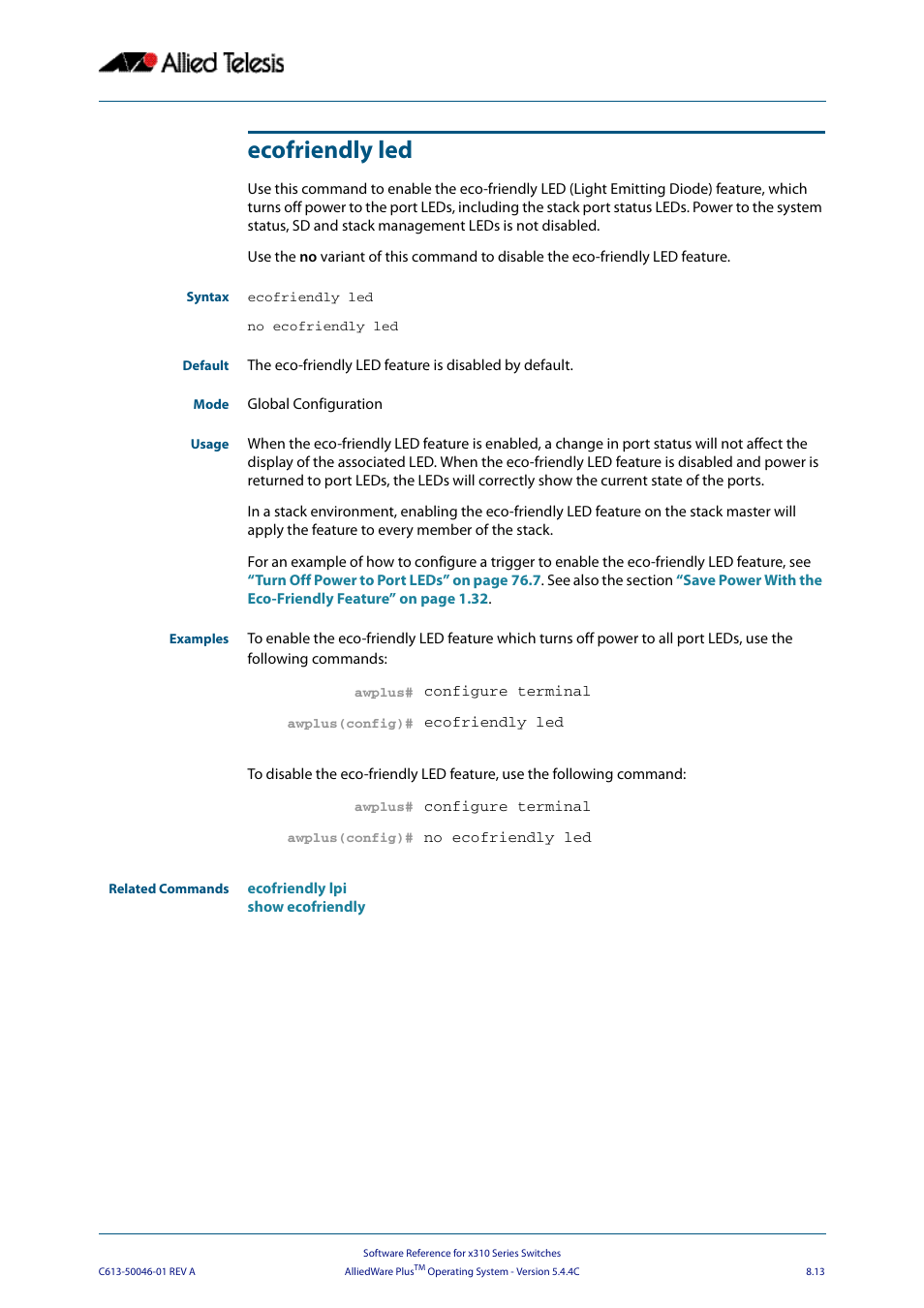 Ecofriendly led | Allied Telesis AlliedWare Plus Operating System Version 5.4.4C (x310-26FT,x310-26FP,x310-50FT,x310-50FP) User Manual | Page 213 / 2220