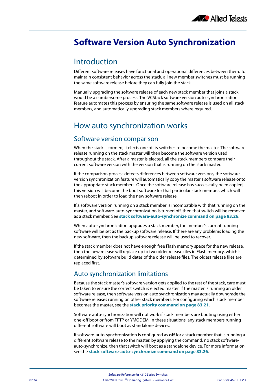 Software version auto synchronization, Introduction, How auto synchronization works | Software version comparison, Auto synchronization limitations, Introduction how auto synchronization works | Allied Telesis AlliedWare Plus Operating System Version 5.4.4C (x310-26FT,x310-26FP,x310-50FT,x310-50FP) User Manual | Page 2138 / 2220