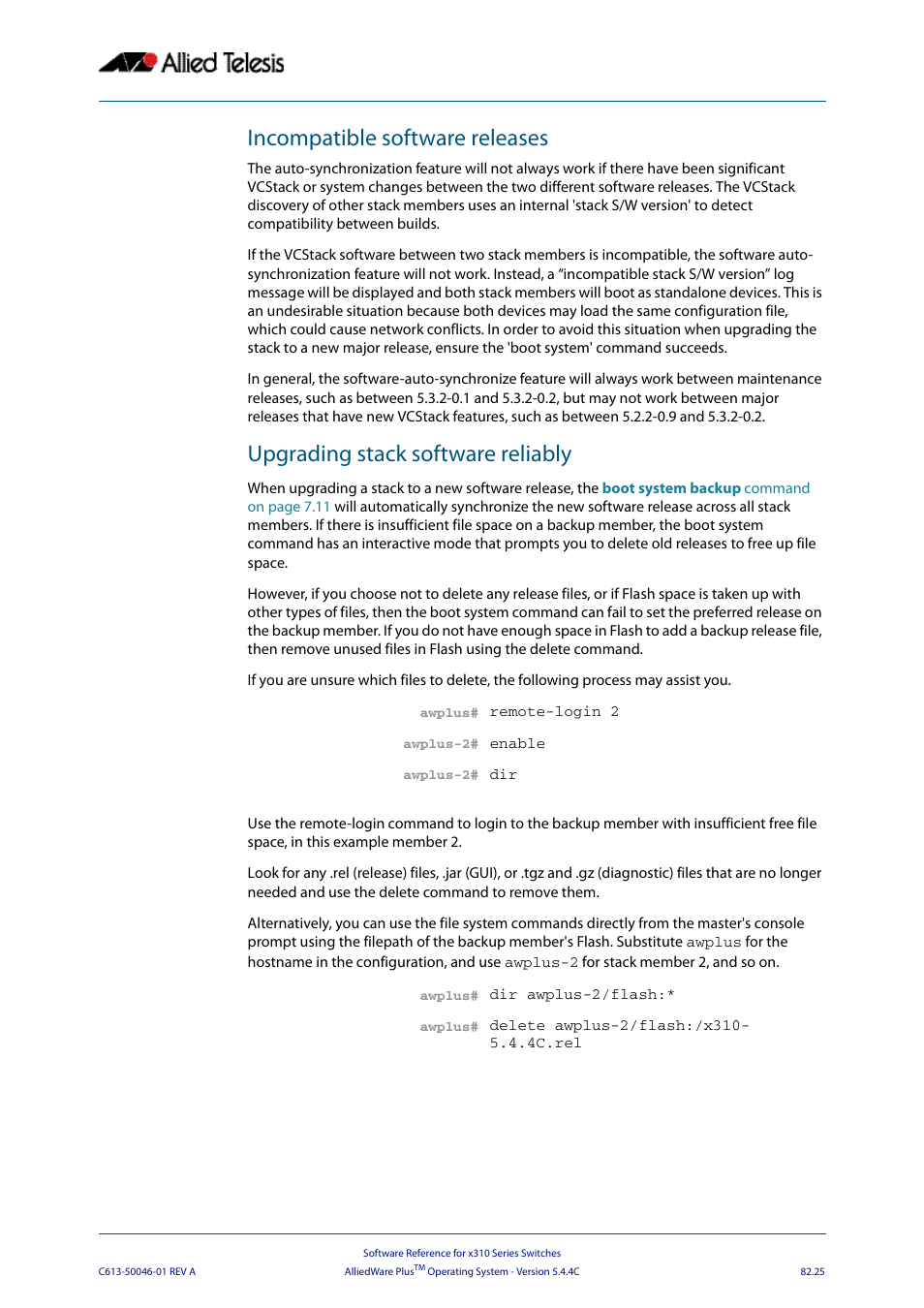 Incompatible software releases, Upgrading stack software reliably | Allied Telesis AlliedWare Plus Operating System Version 5.4.4C (x310-26FT,x310-26FP,x310-50FT,x310-50FP) User Manual | Page 2139 / 2220
