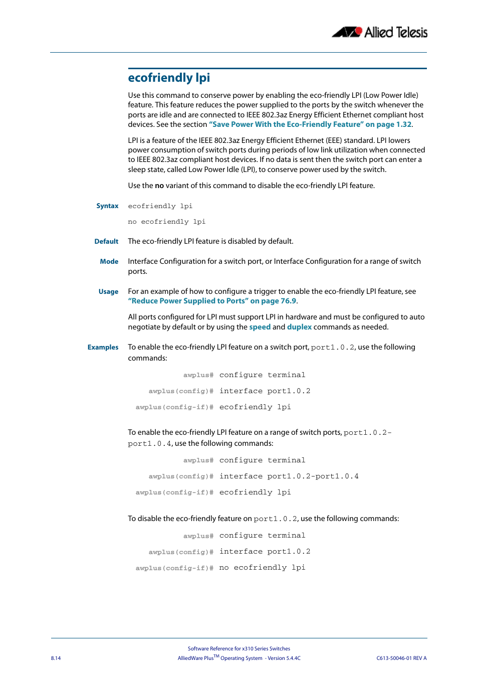 Ecofriendly lpi | Allied Telesis AlliedWare Plus Operating System Version 5.4.4C (x310-26FT,x310-26FP,x310-50FT,x310-50FP) User Manual | Page 214 / 2220