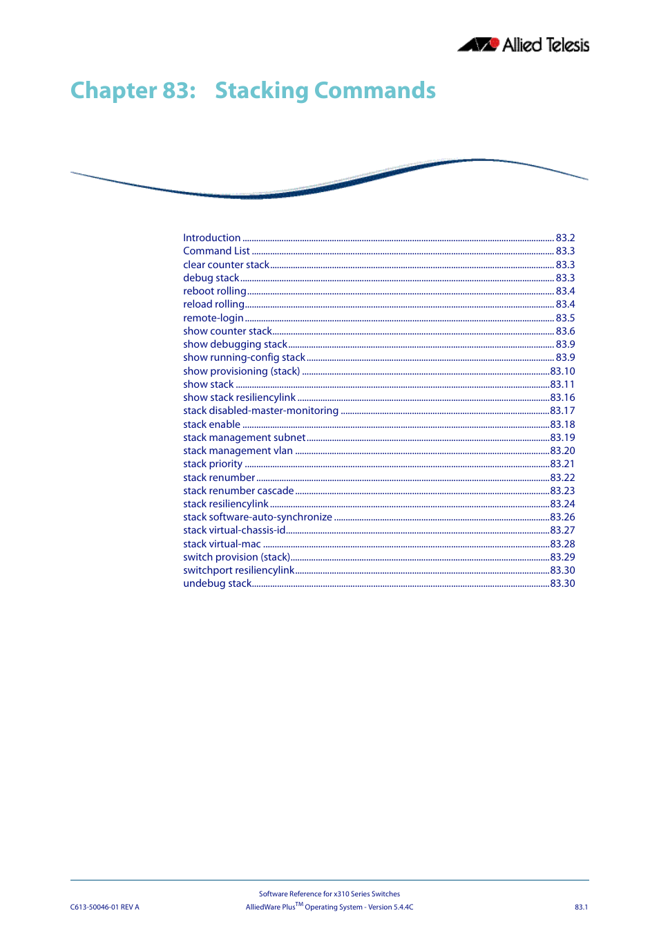 Chapter 83: stacking commands, Chapter 83, Stacking commands | Chapter 83, stacking commands | Allied Telesis AlliedWare Plus Operating System Version 5.4.4C (x310-26FT,x310-26FP,x310-50FT,x310-50FP) User Manual | Page 2141 / 2220