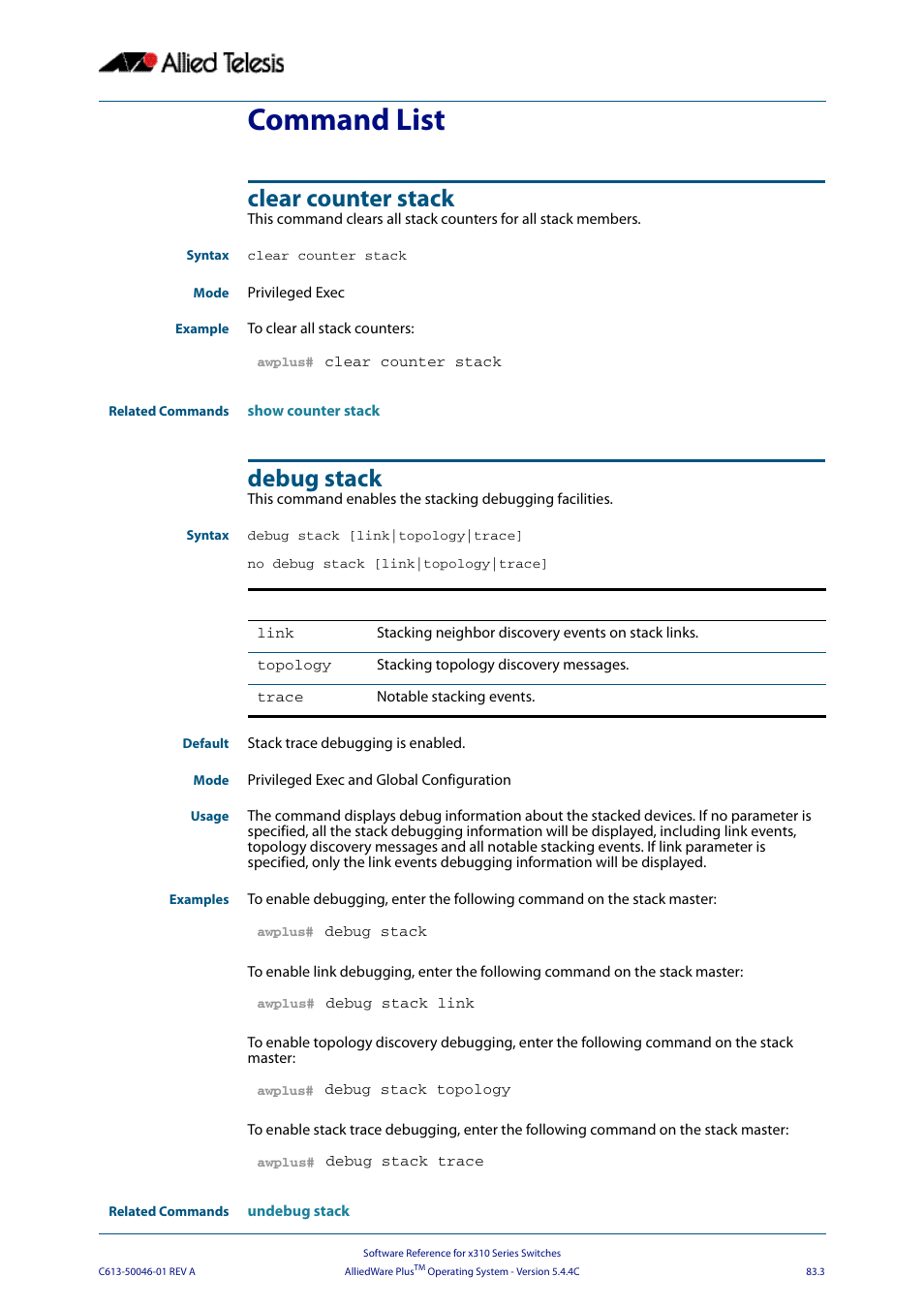 Command list, Clear counter stack, Debug stack | Command list clear counter stack debug stack | Allied Telesis AlliedWare Plus Operating System Version 5.4.4C (x310-26FT,x310-26FP,x310-50FT,x310-50FP) User Manual | Page 2143 / 2220