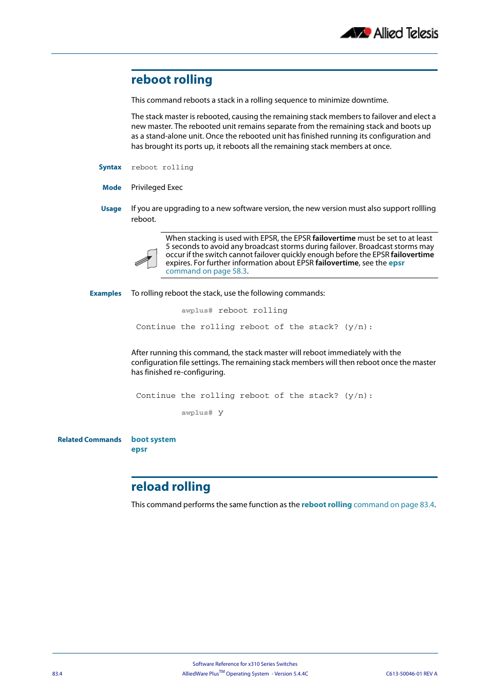 Reboot rolling, Reload rolling, Reboot rolling reload rolling | Allied Telesis AlliedWare Plus Operating System Version 5.4.4C (x310-26FT,x310-26FP,x310-50FT,x310-50FP) User Manual | Page 2144 / 2220