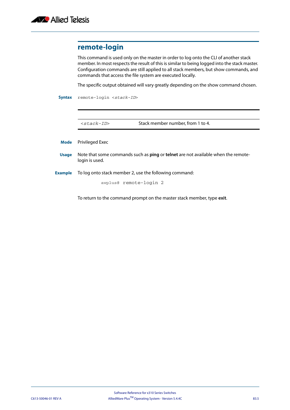 Remote-login, Remote-login command on | Allied Telesis AlliedWare Plus Operating System Version 5.4.4C (x310-26FT,x310-26FP,x310-50FT,x310-50FP) User Manual | Page 2145 / 2220