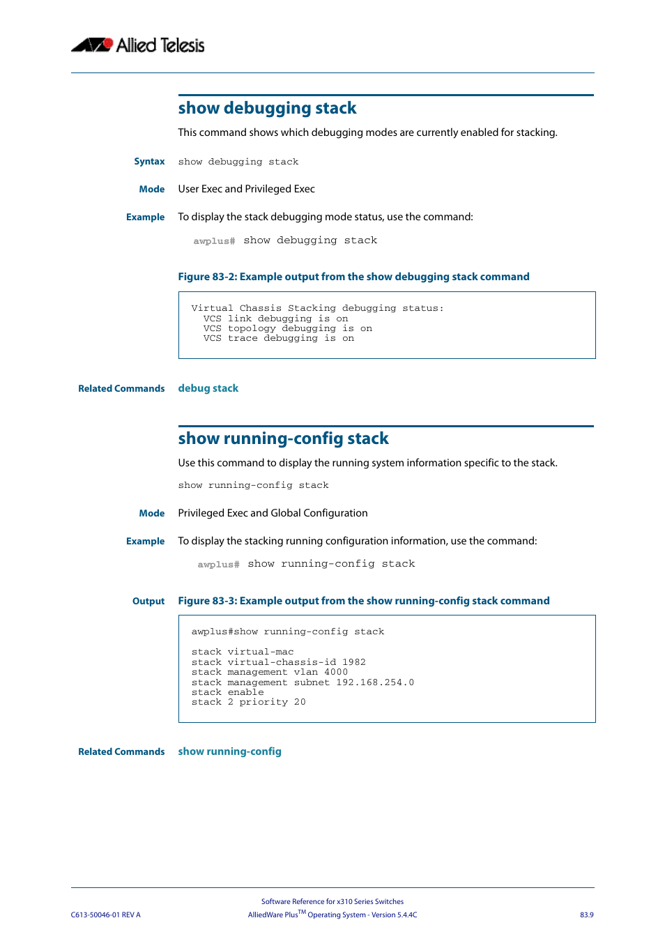 Show debugging stack, Show running-config stack, Show debugging stack show running-config stack | Allied Telesis AlliedWare Plus Operating System Version 5.4.4C (x310-26FT,x310-26FP,x310-50FT,x310-50FP) User Manual | Page 2149 / 2220