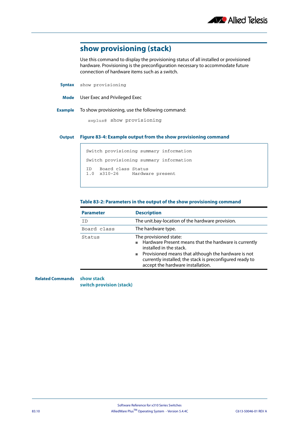 Show provisioning (stack) | Allied Telesis AlliedWare Plus Operating System Version 5.4.4C (x310-26FT,x310-26FP,x310-50FT,x310-50FP) User Manual | Page 2150 / 2220