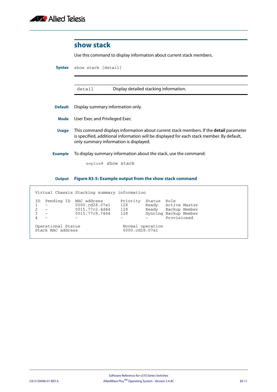 Show stack, Show stack [detail | Allied Telesis AlliedWare Plus Operating System Version 5.4.4C (x310-26FT,x310-26FP,x310-50FT,x310-50FP) User Manual | Page 2151 / 2220