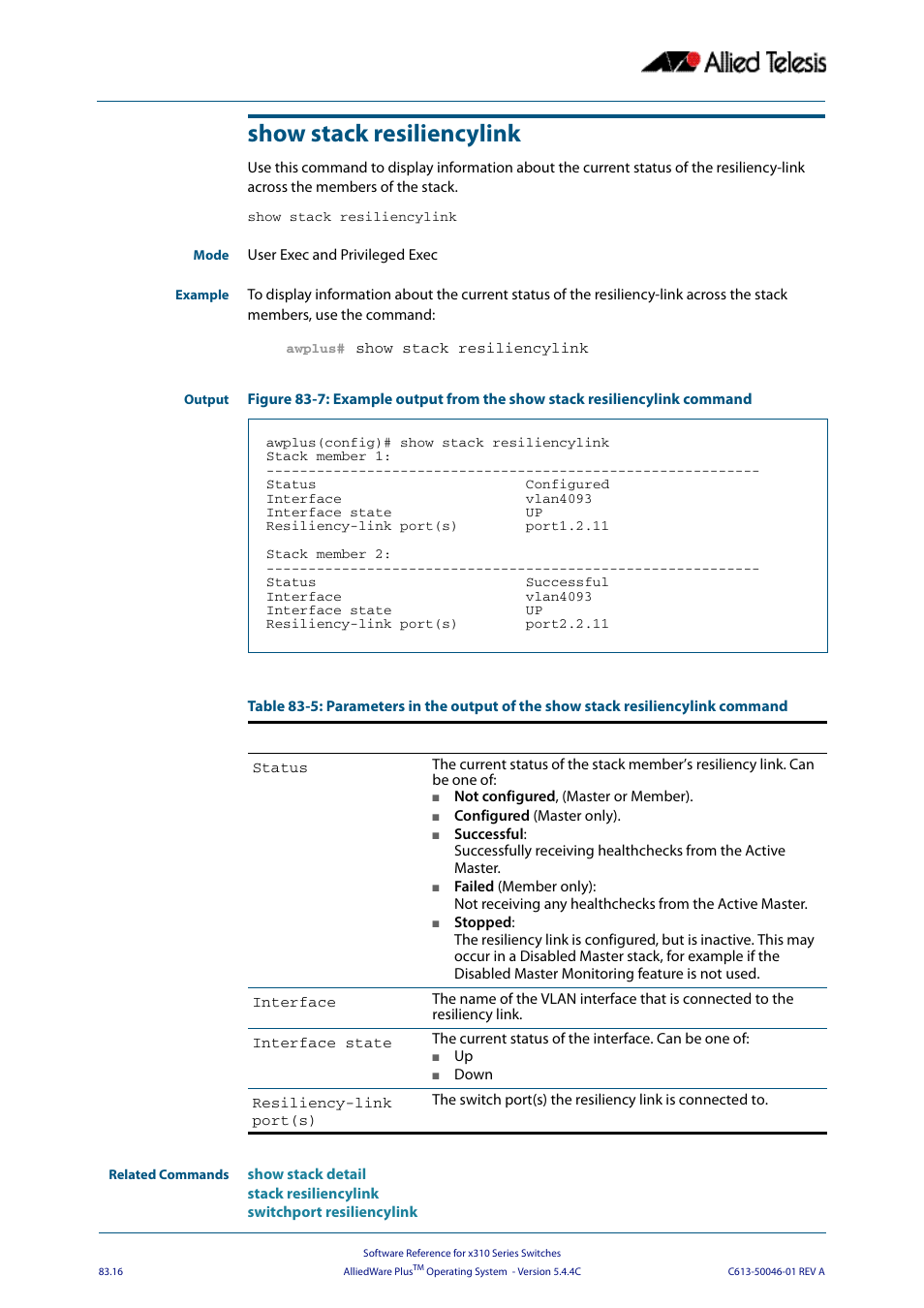 Show stack resiliencylink | Allied Telesis AlliedWare Plus Operating System Version 5.4.4C (x310-26FT,x310-26FP,x310-50FT,x310-50FP) User Manual | Page 2156 / 2220