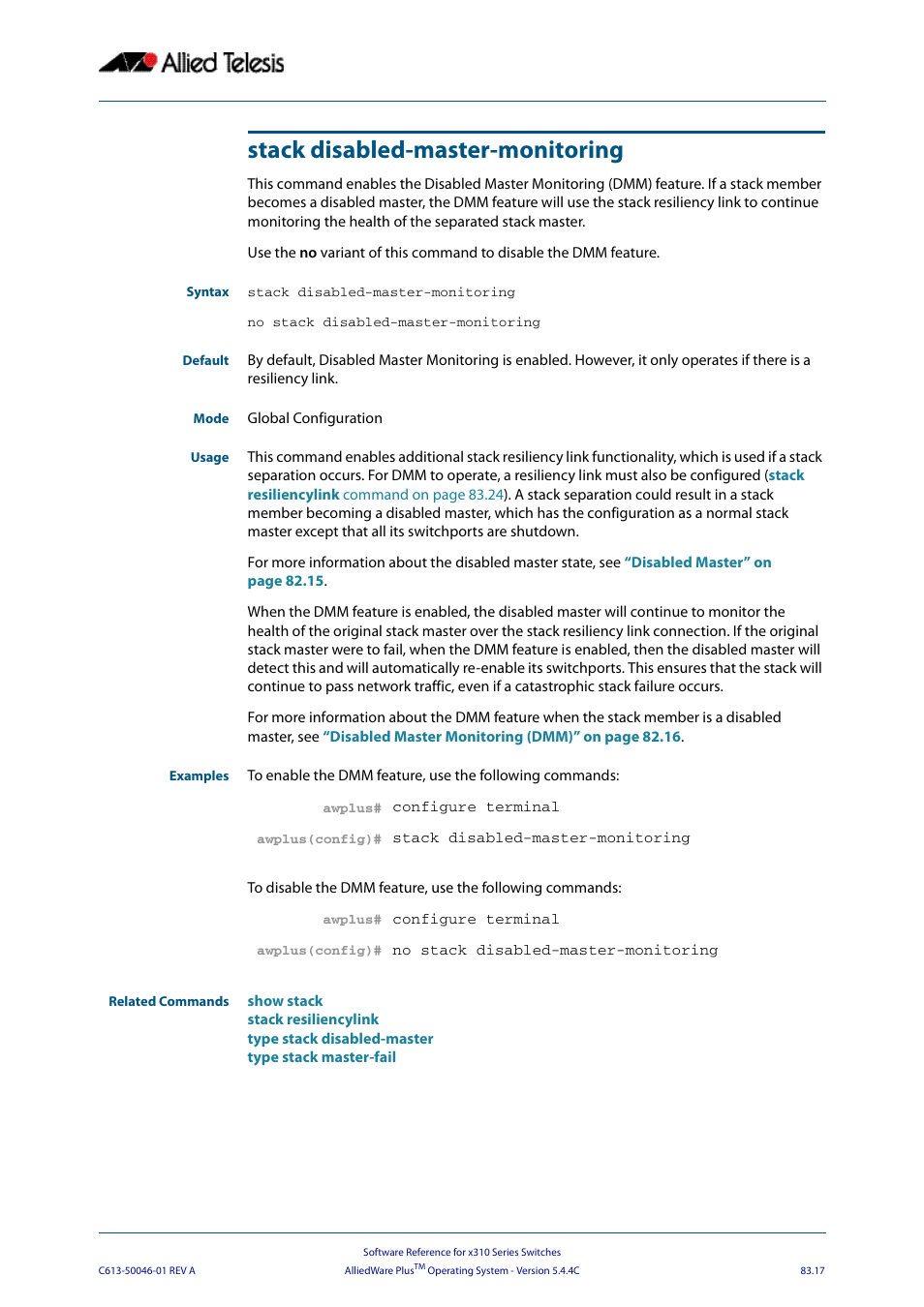 Stack disabled-master-monitoring | Allied Telesis AlliedWare Plus Operating System Version 5.4.4C (x310-26FT,x310-26FP,x310-50FT,x310-50FP) User Manual | Page 2157 / 2220