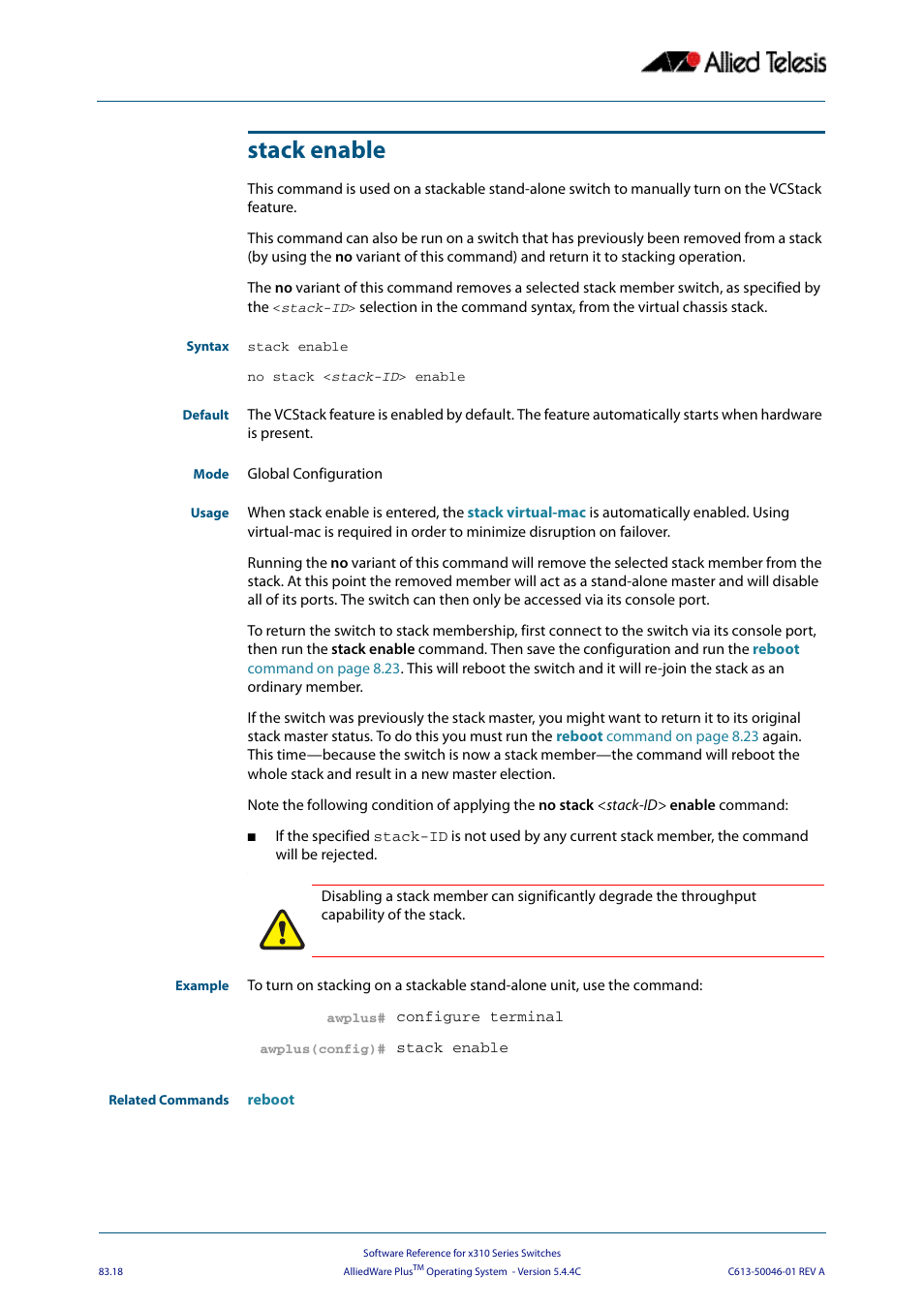 Stack enable | Allied Telesis AlliedWare Plus Operating System Version 5.4.4C (x310-26FT,x310-26FP,x310-50FT,x310-50FP) User Manual | Page 2158 / 2220