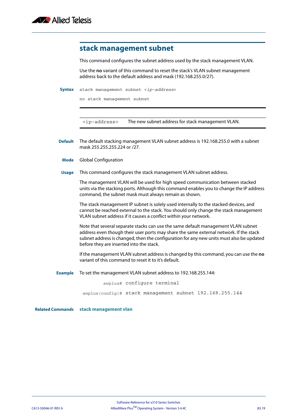 Stack management subnet, Ess use the | Allied Telesis AlliedWare Plus Operating System Version 5.4.4C (x310-26FT,x310-26FP,x310-50FT,x310-50FP) User Manual | Page 2159 / 2220
